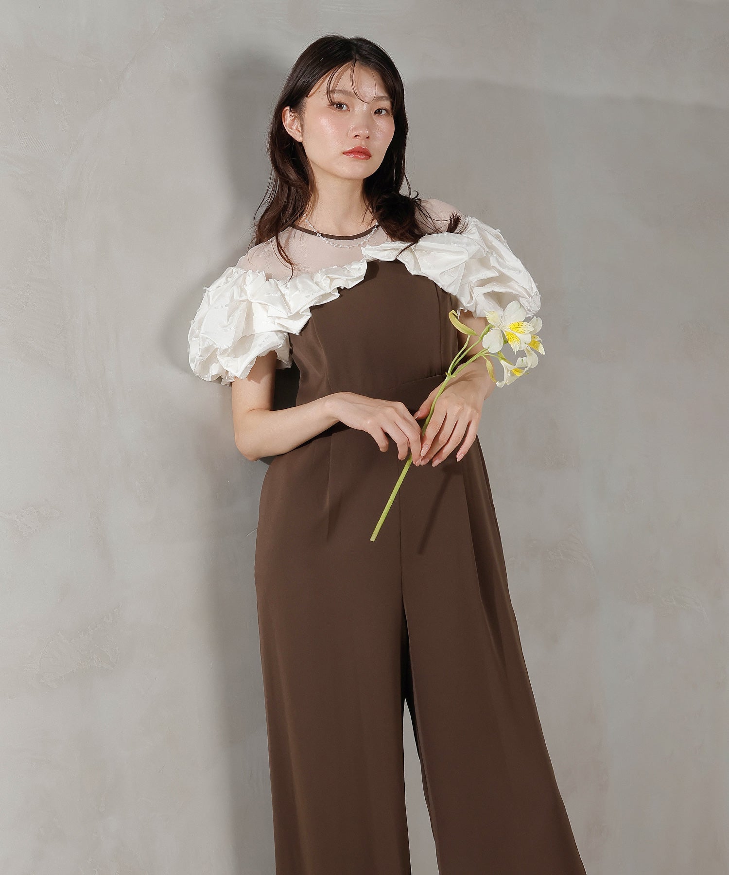 リボンジャガード バイカラー オールインワンパンツドレス