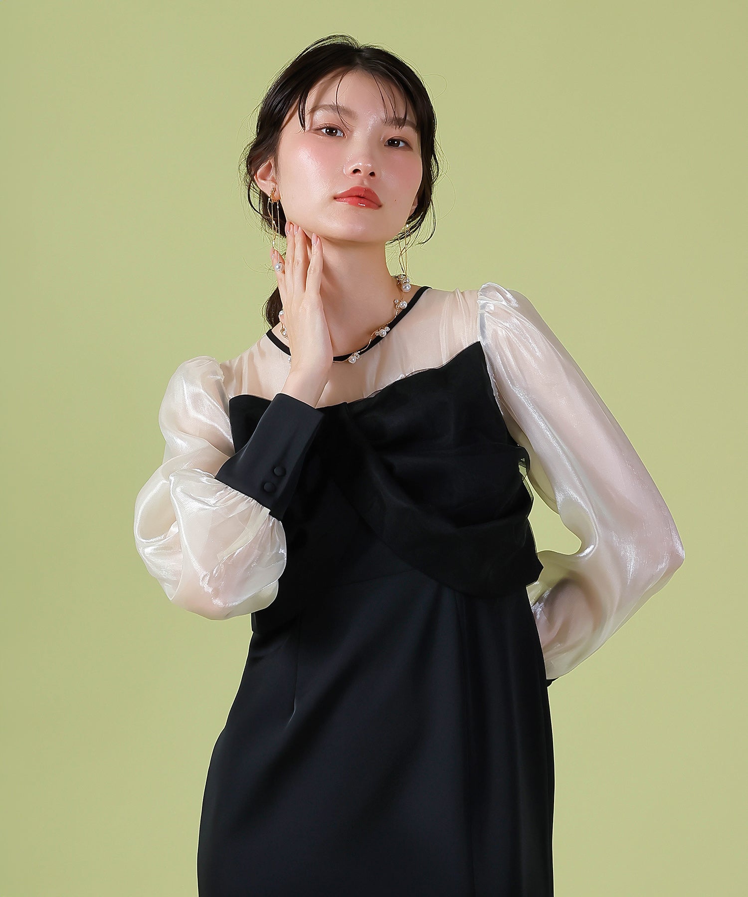 胸元リボン ビスチェ風 Iラインワンピースドレス