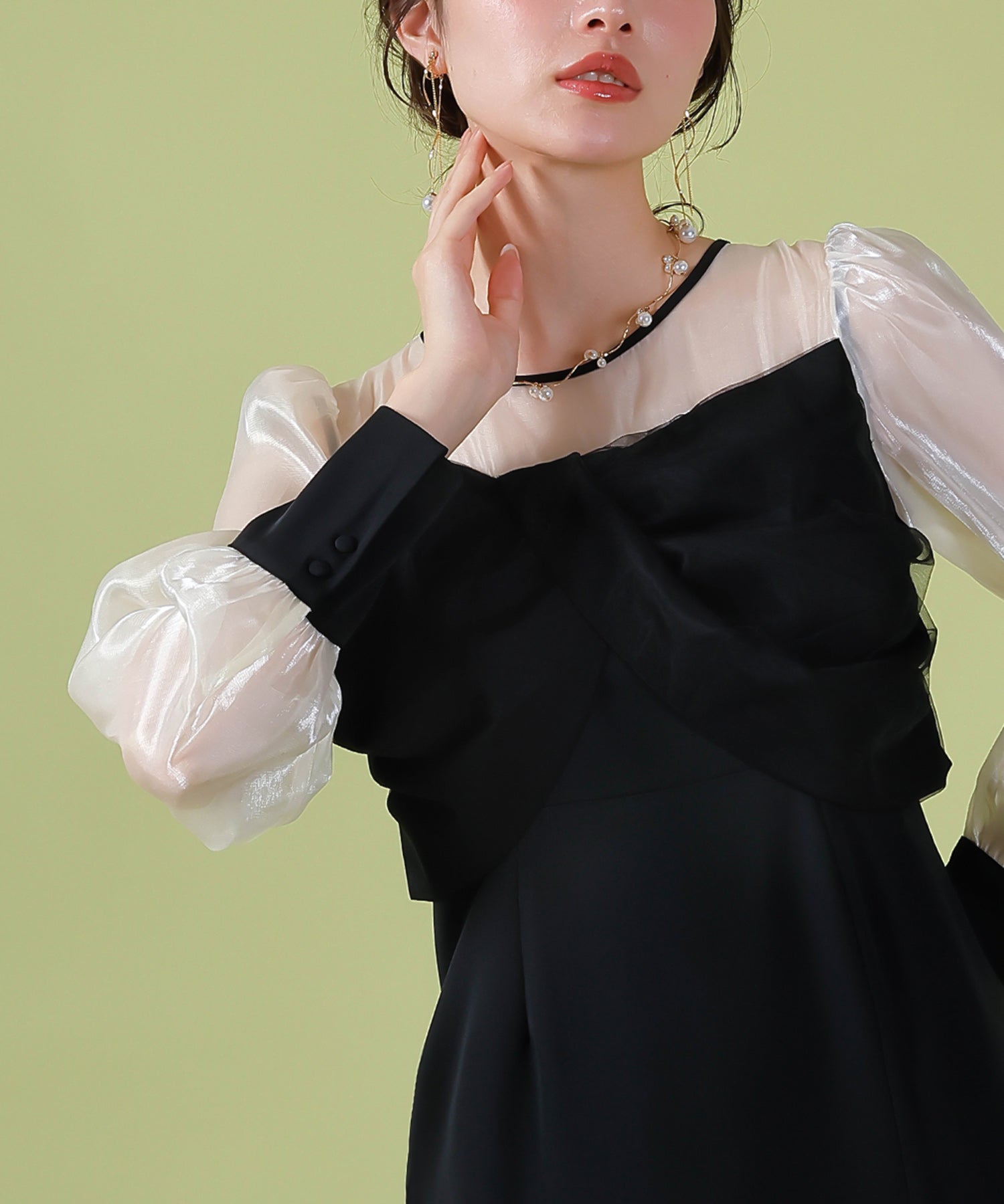 胸元リボン ビスチェ風 Iラインワンピースドレス