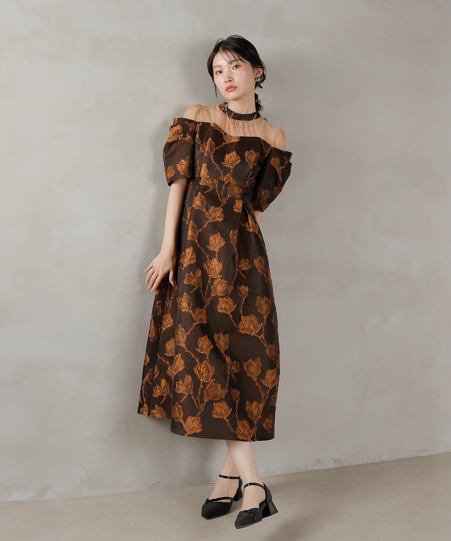 ジャガード 花柄 チュール オフショル風 Aライン ワンピース ドレス