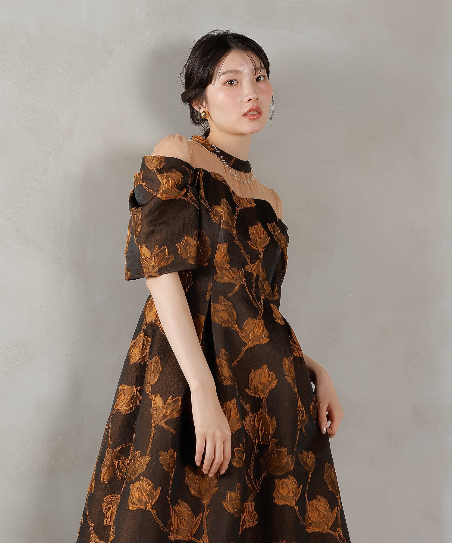 ジャガード 花柄 チュール オフショル風 Aライン ワンピース ドレス