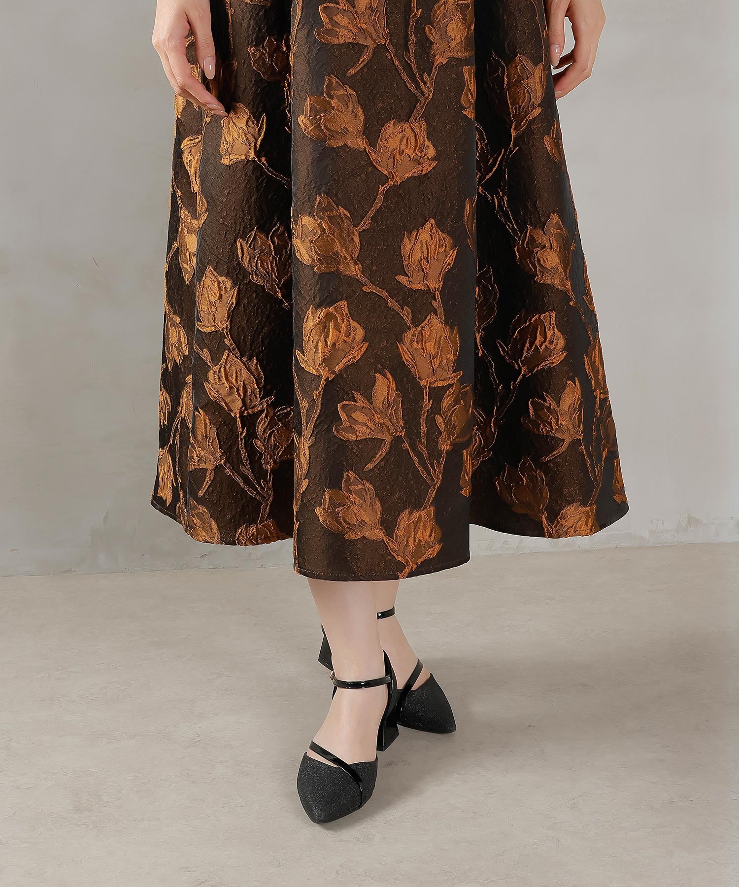 ジャガード 花柄 チュール オフショル風 Aライン ワンピース ドレス