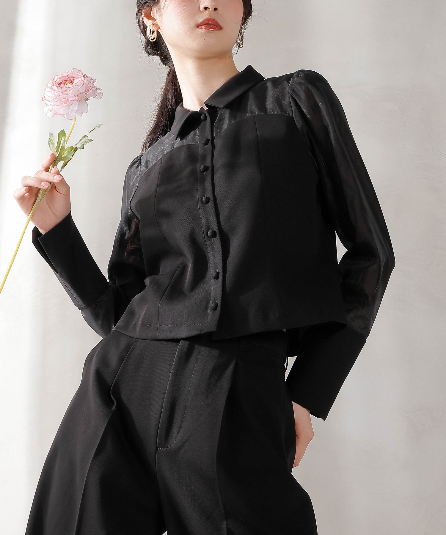 襟付きシャツトップス テーパードパンツドレス セットアップ