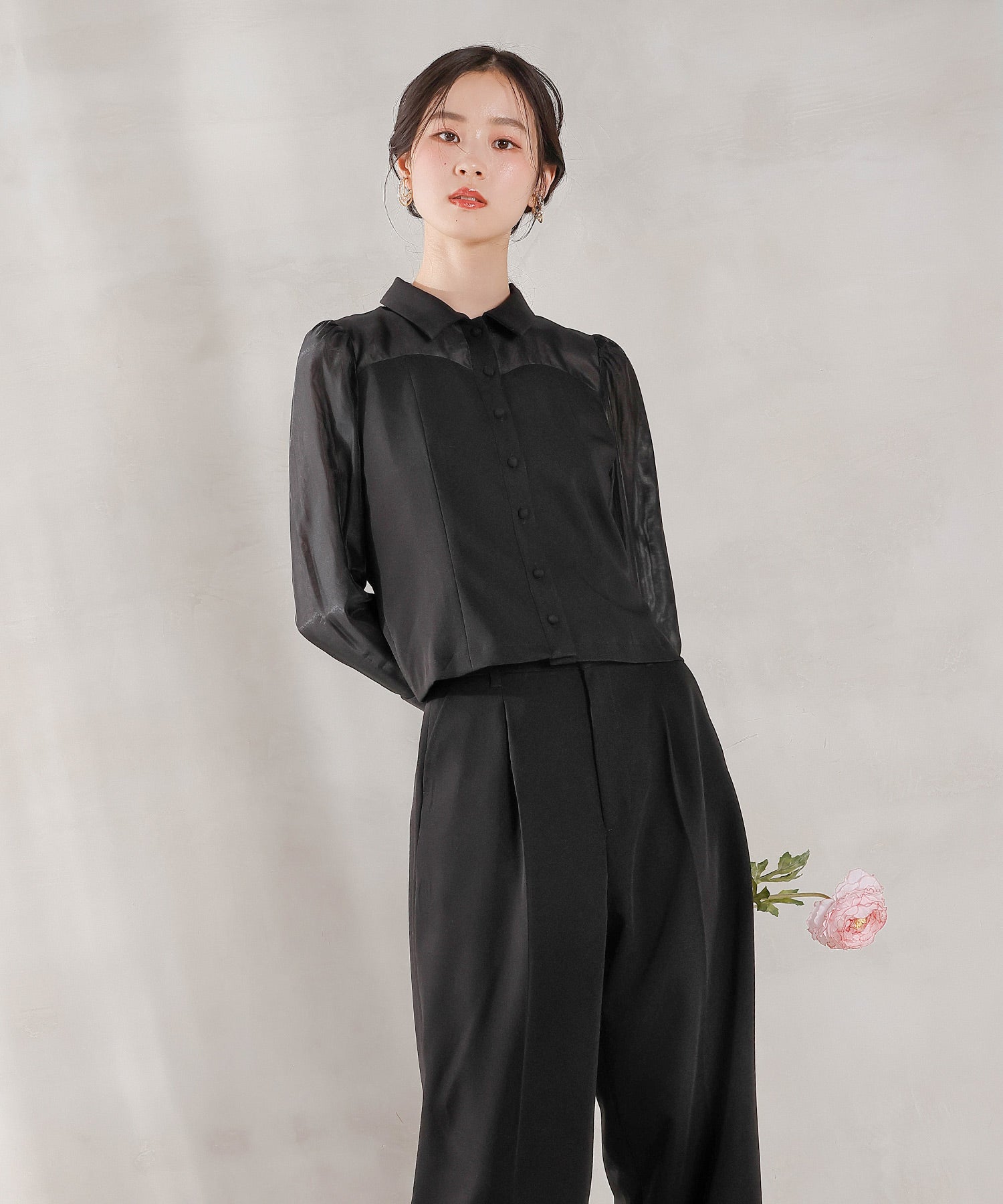 襟付きシャツトップス テーパードパンツドレス セットアップ