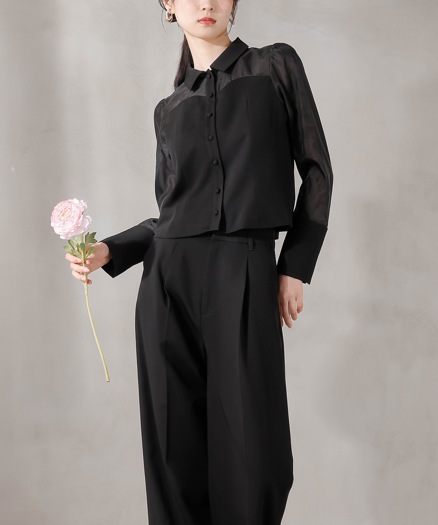 襟付きシャツトップス テーパードパンツドレス セットアップ