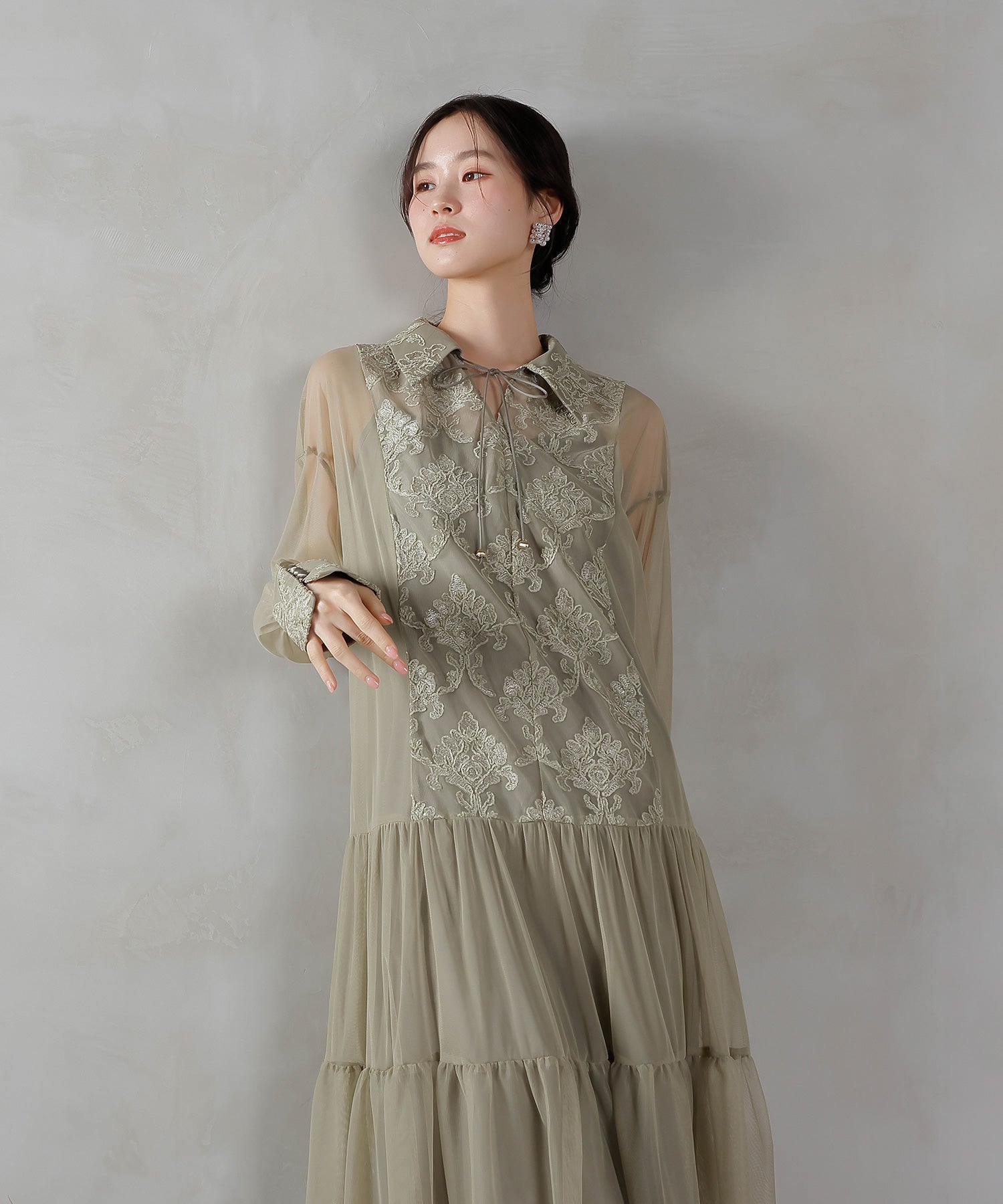 刺繍レース 襟 シアー ティアード ワンピース ドレス