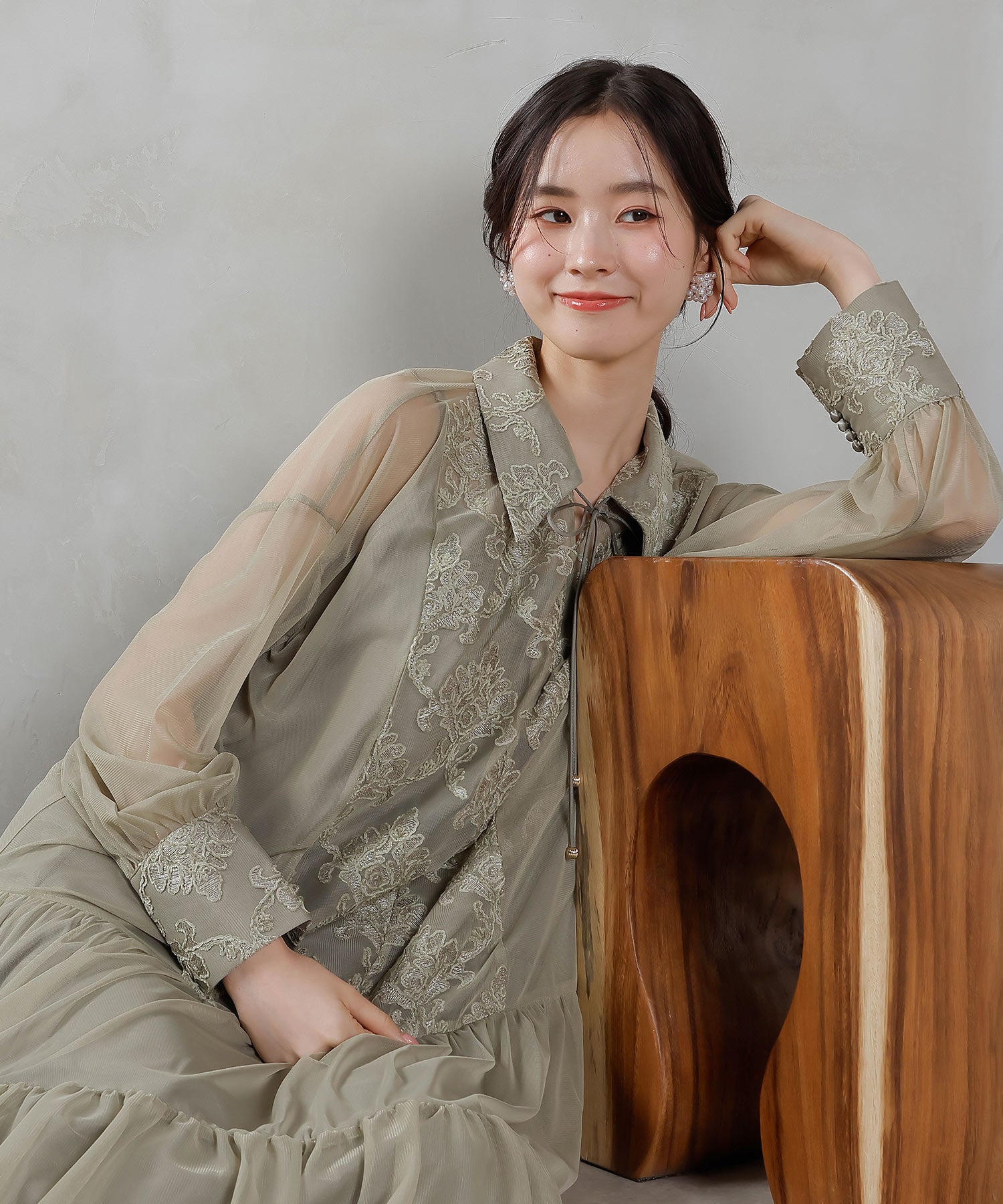 刺繍レース 襟 シアー ティアード ワンピース ドレス