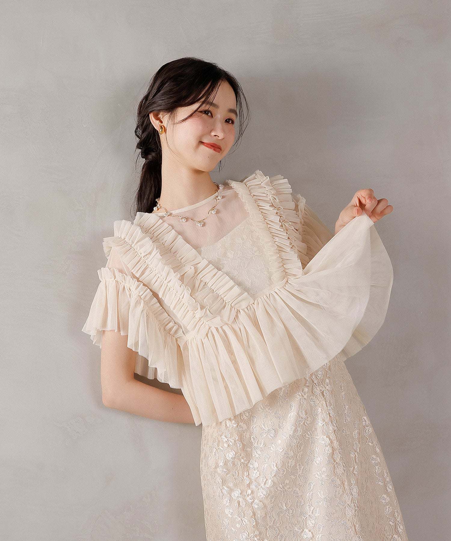 ラメ花柄刺繍レースチュール フリル ボレロ フレアワンピース ドレス