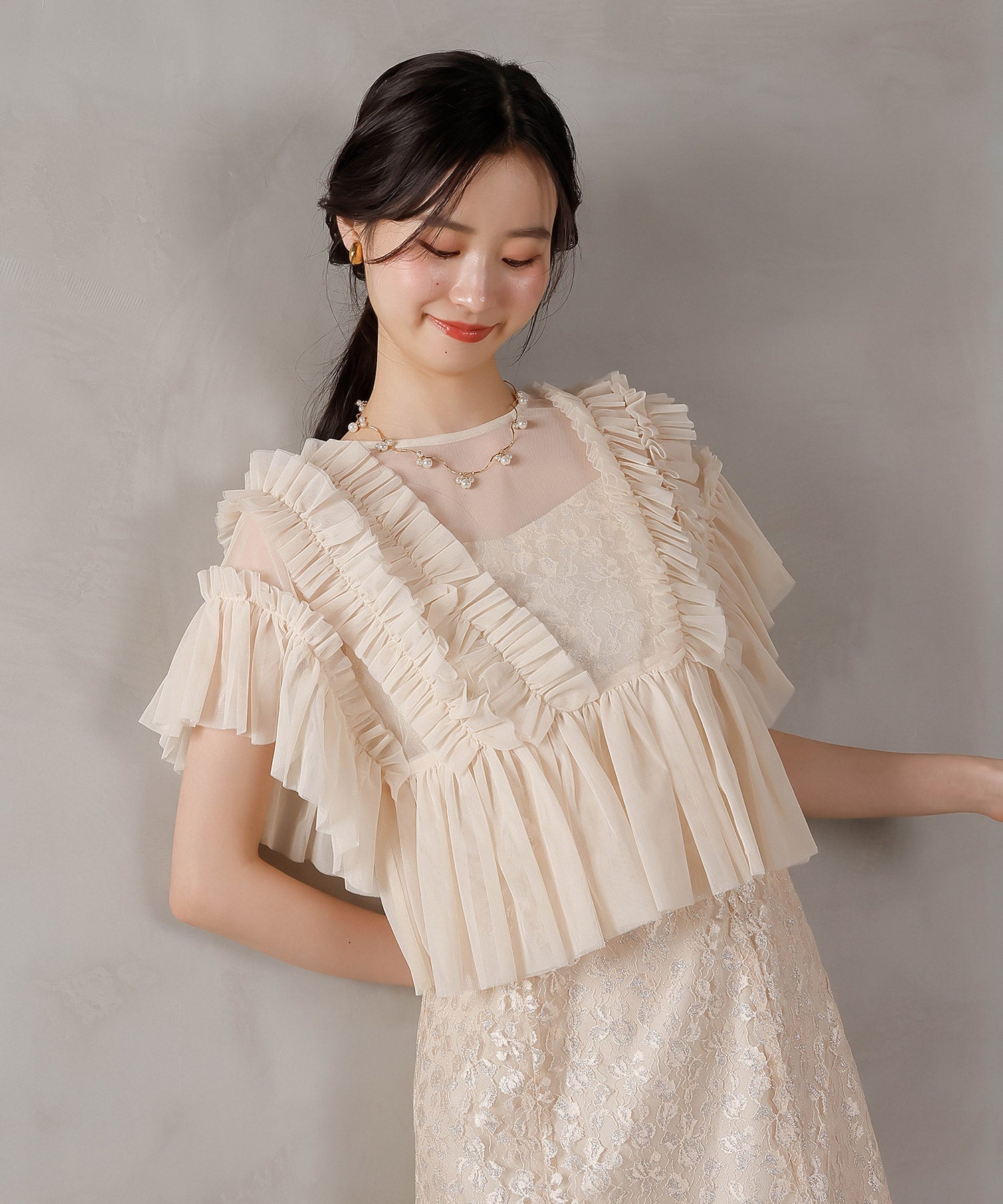 ラメ花柄刺繍レースチュール フリル ボレロ フレアワンピース ドレス