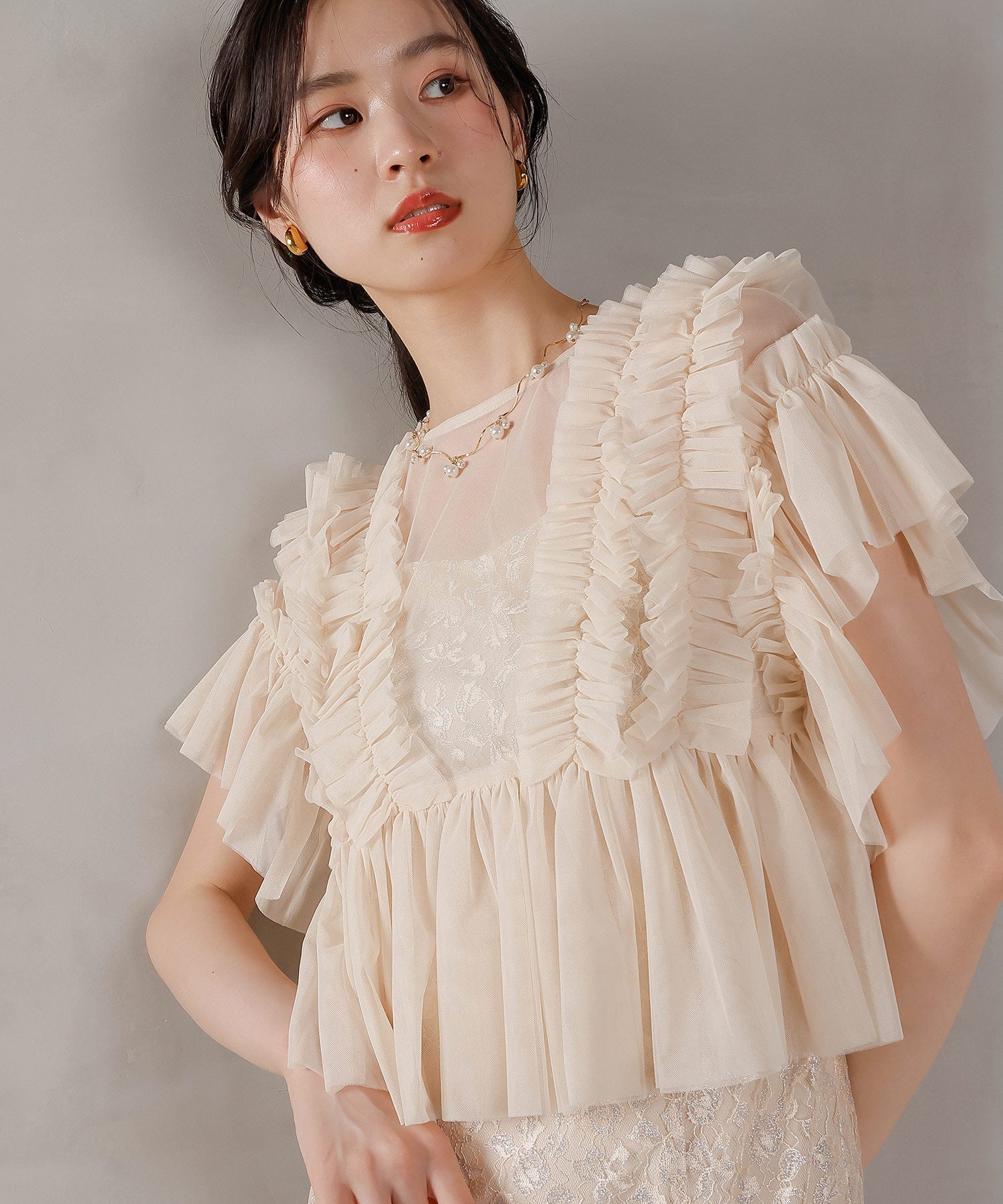 ラメ花柄刺繍レースチュール フリル ボレロ フレアワンピース ドレス