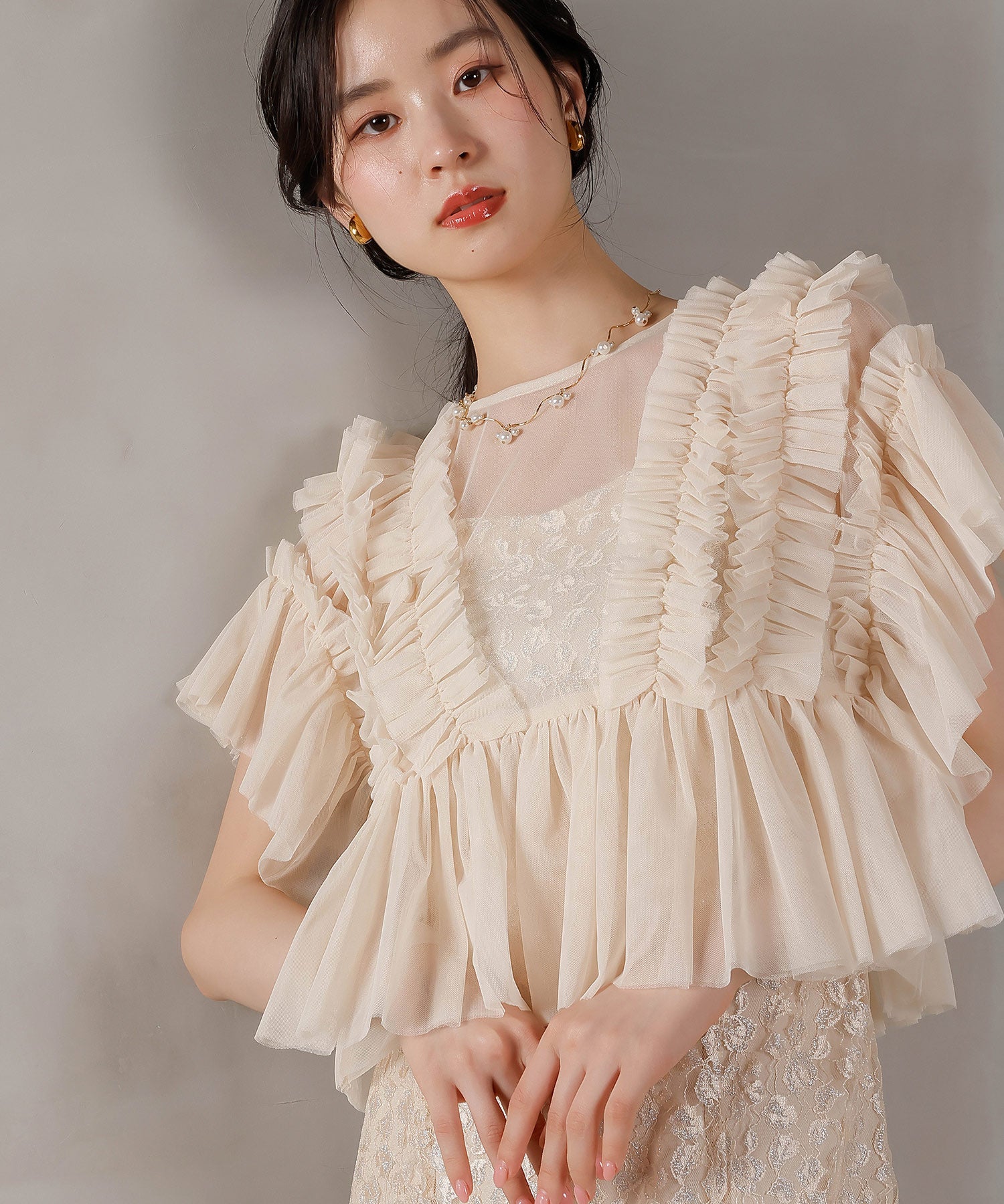 ラメ花柄刺繍レースチュール フリル ボレロ フレアワンピース ドレス