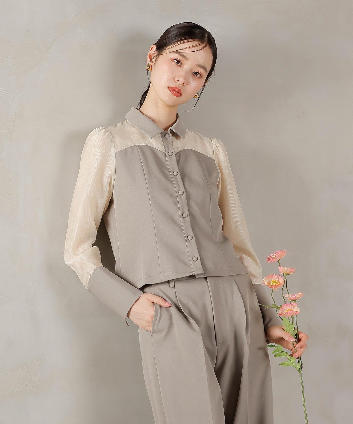 襟付きシャツトップス テーパードパンツドレス セットアップ