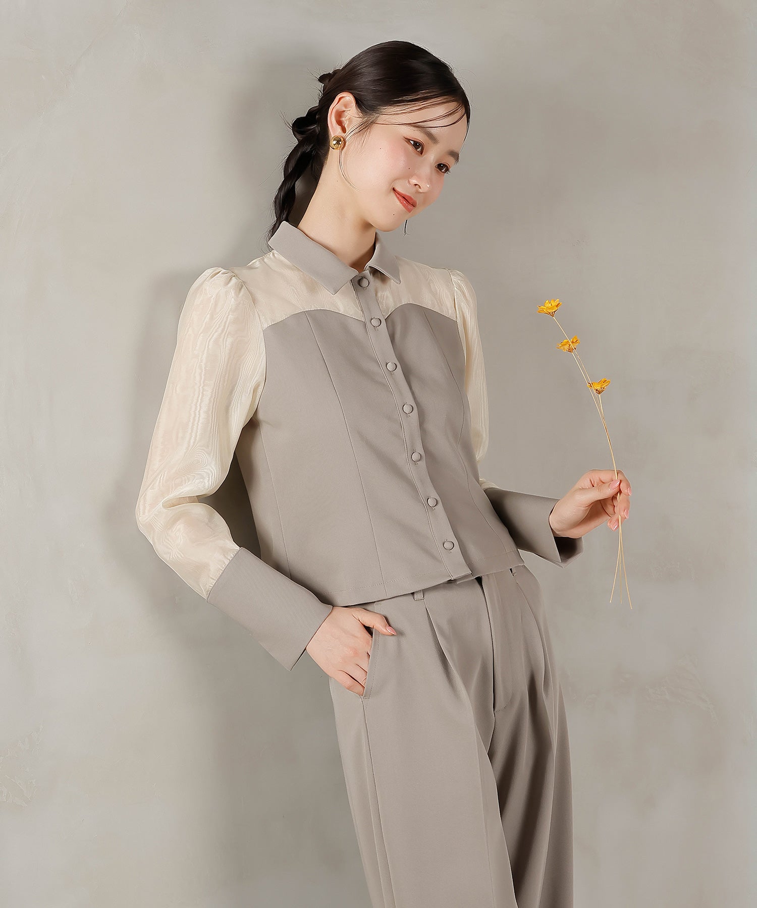 襟付きシャツトップス テーパードパンツドレス セットアップ