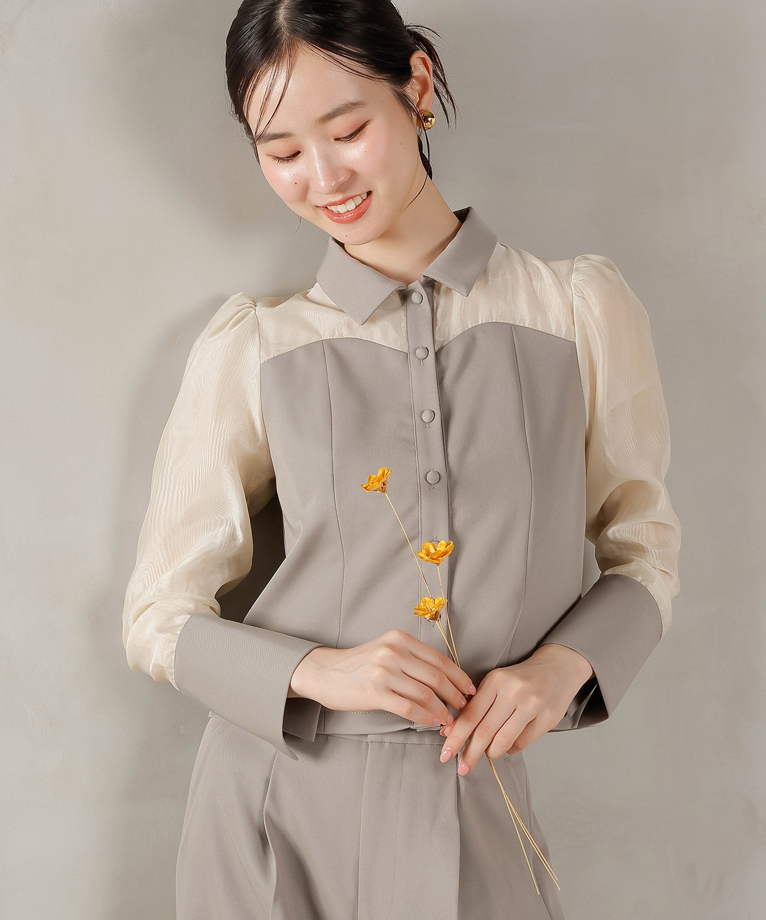 襟付きシャツトップス テーパードパンツドレス セットアップ