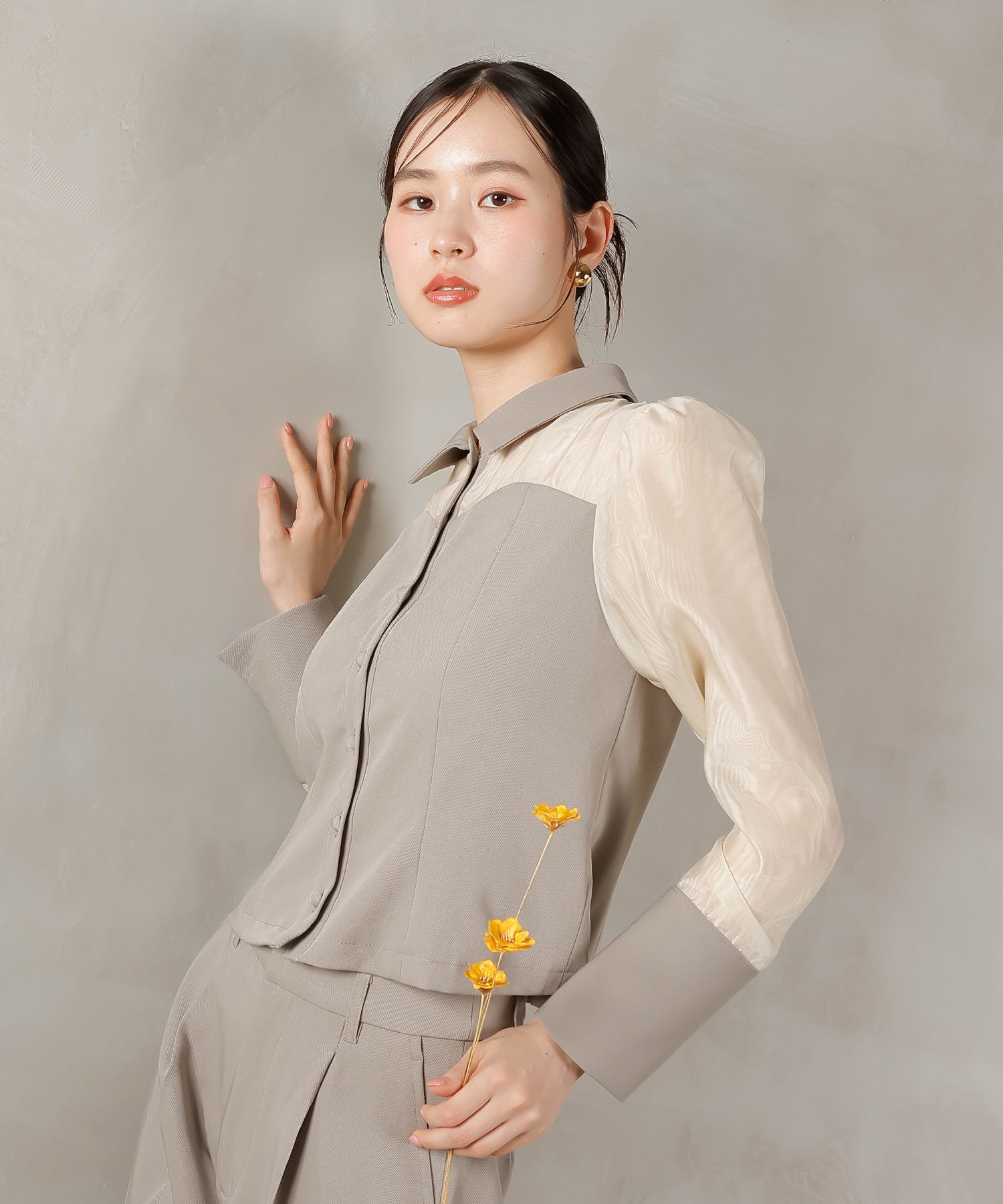 襟付きシャツトップス テーパードパンツドレス セットアップ