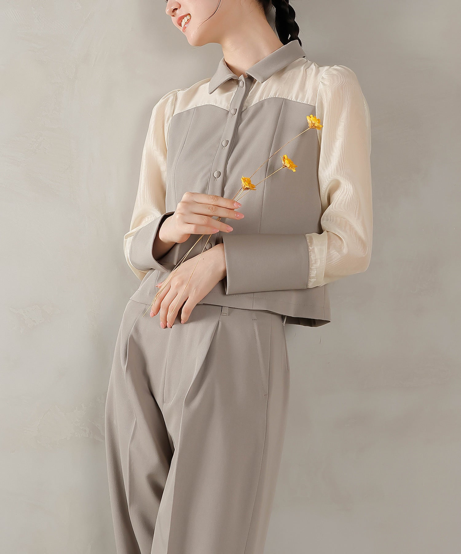 襟付きシャツトップス テーパードパンツドレス セットアップ