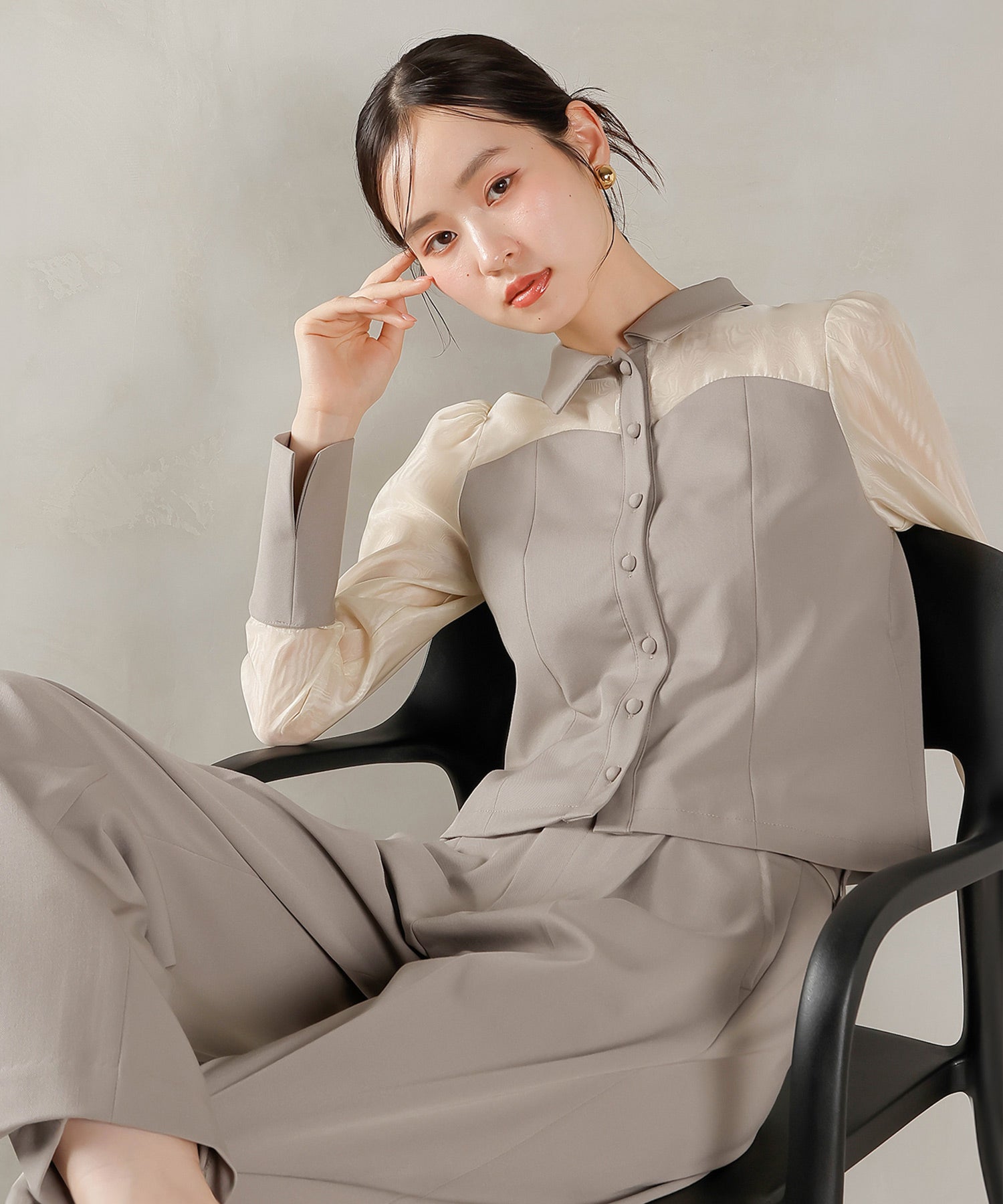 襟付きシャツトップス テーパードパンツドレス セットアップ