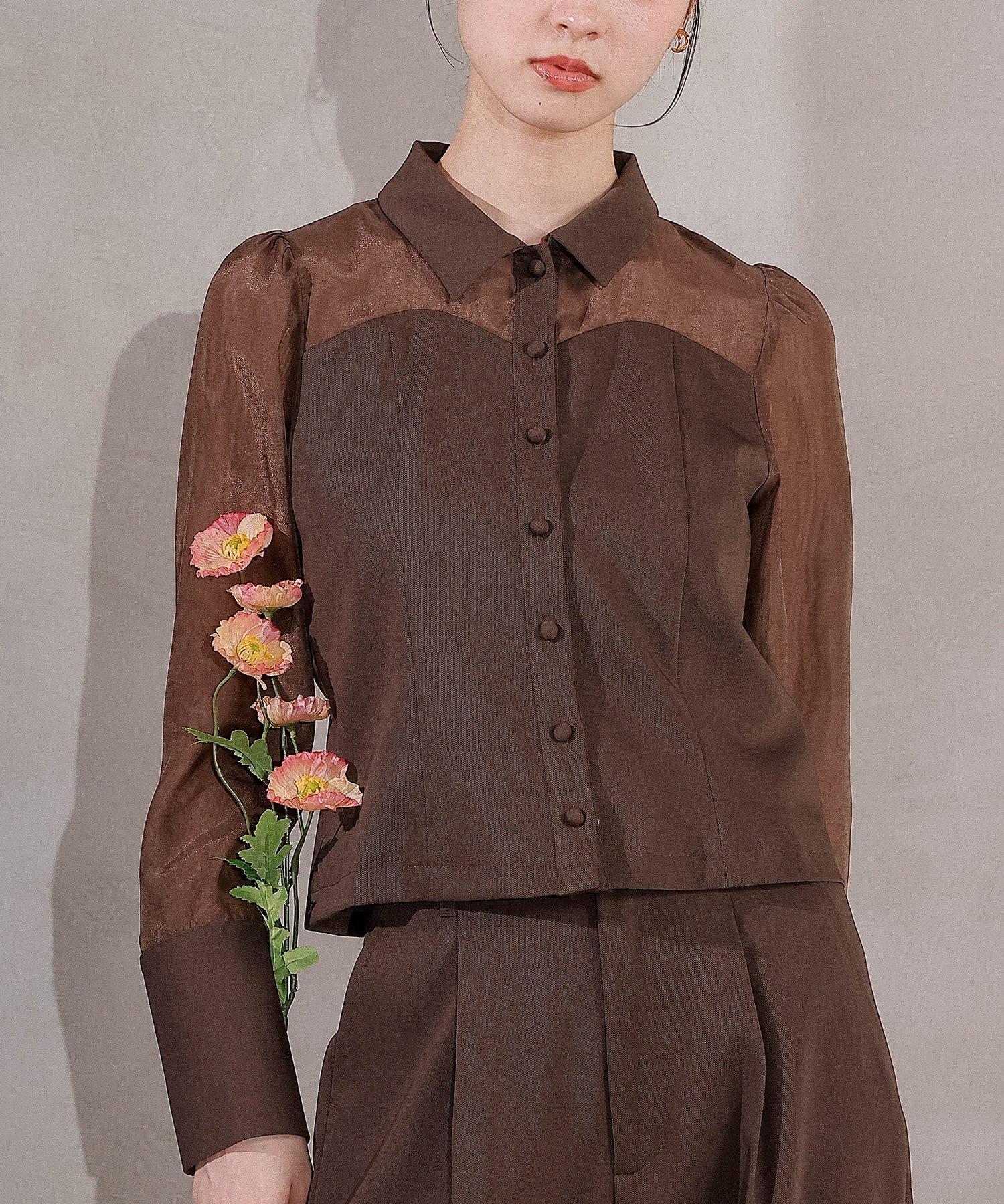 襟付きシャツトップス テーパードパンツドレス セットアップ