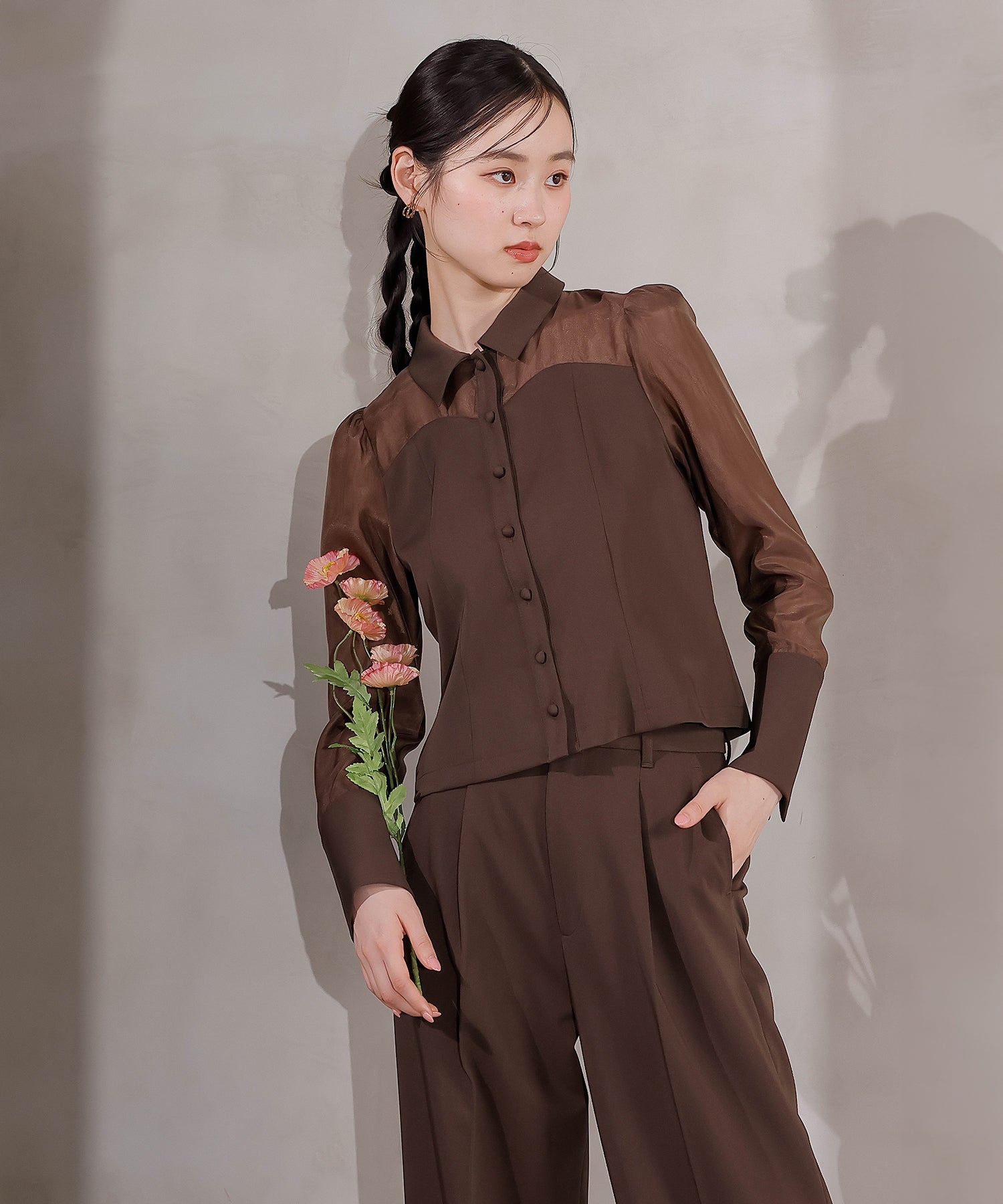 襟付きシャツトップス テーパードパンツドレス セットアップ