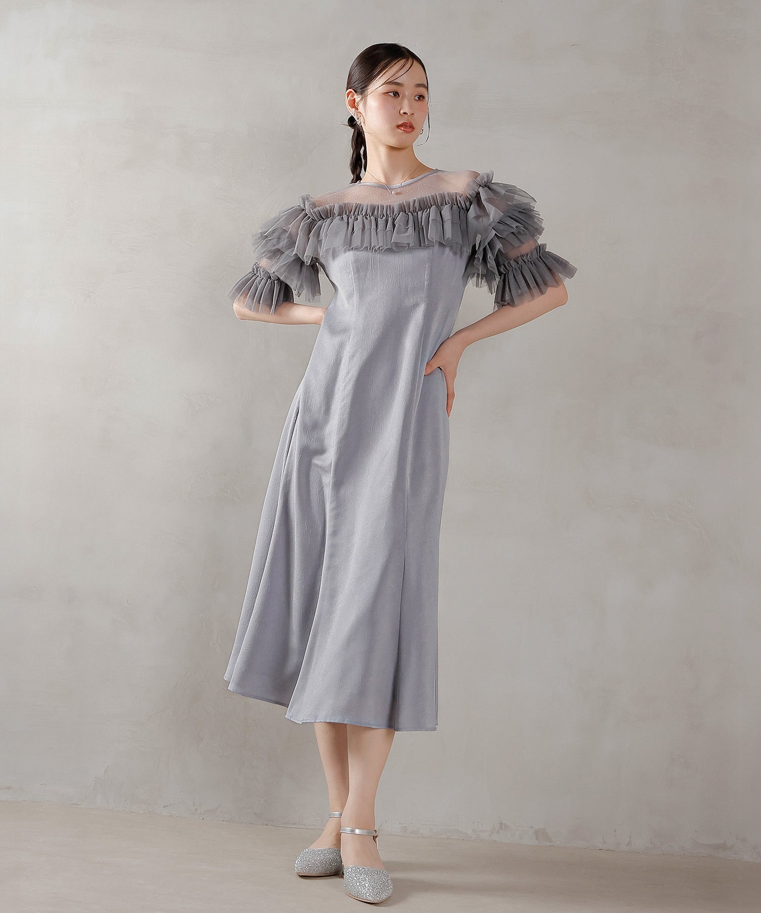 ラメドットチュール フリル ボリューム袖 ワンピース ドレス