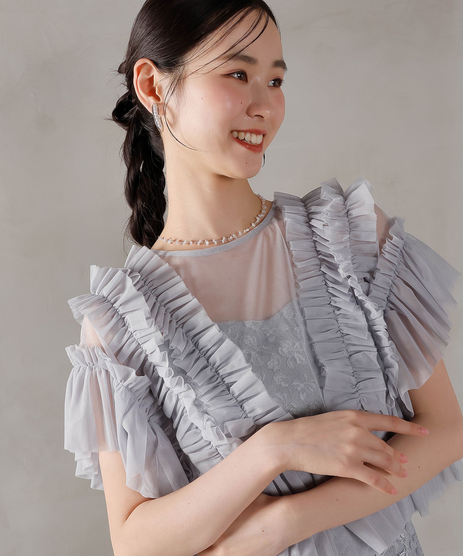 ラメ花柄刺繍レースチュール フリル ボレロ フレアワンピース ドレス