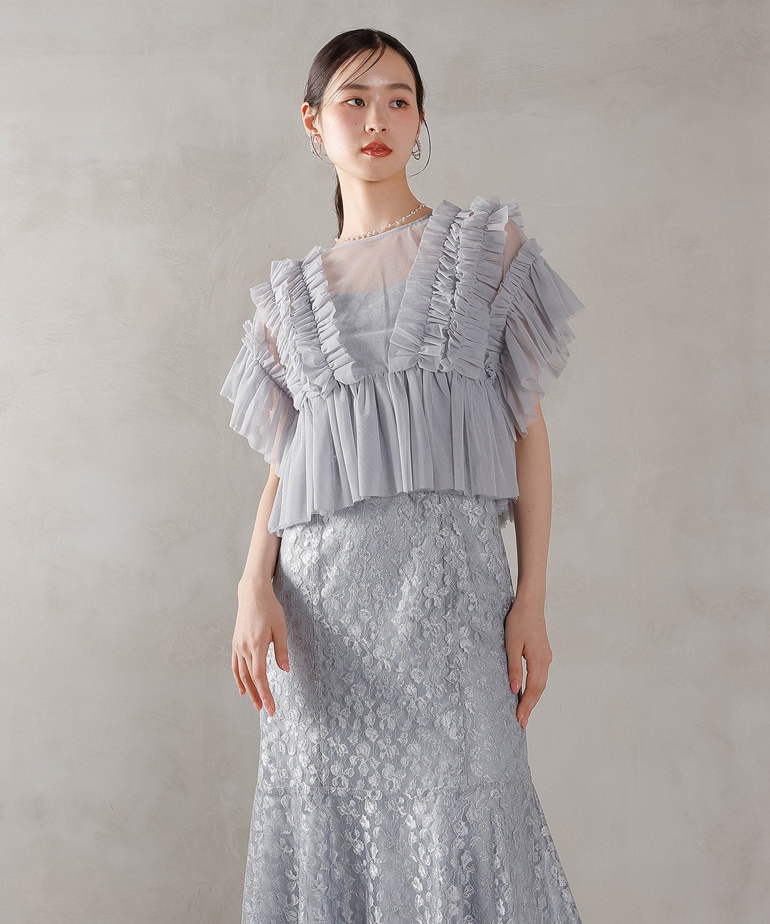 ラメ花柄刺繍レースチュール フリル ボレロ フレアワンピース ドレス