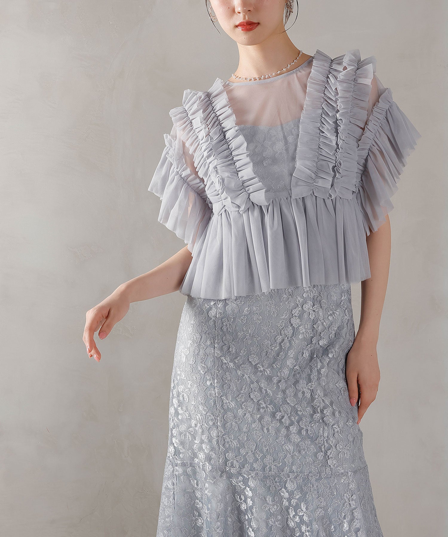 ラメ花柄刺繍レースチュール フリル ボレロ フレアワンピース ドレス