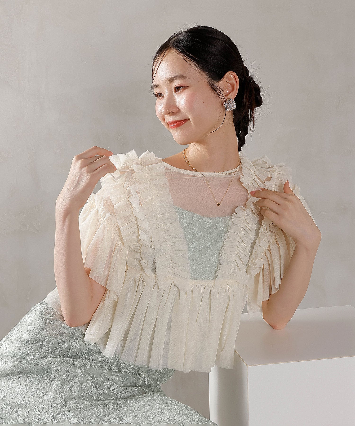 ラメ花柄刺繍レースチュール フリル ボレロ フレアワンピース ドレス