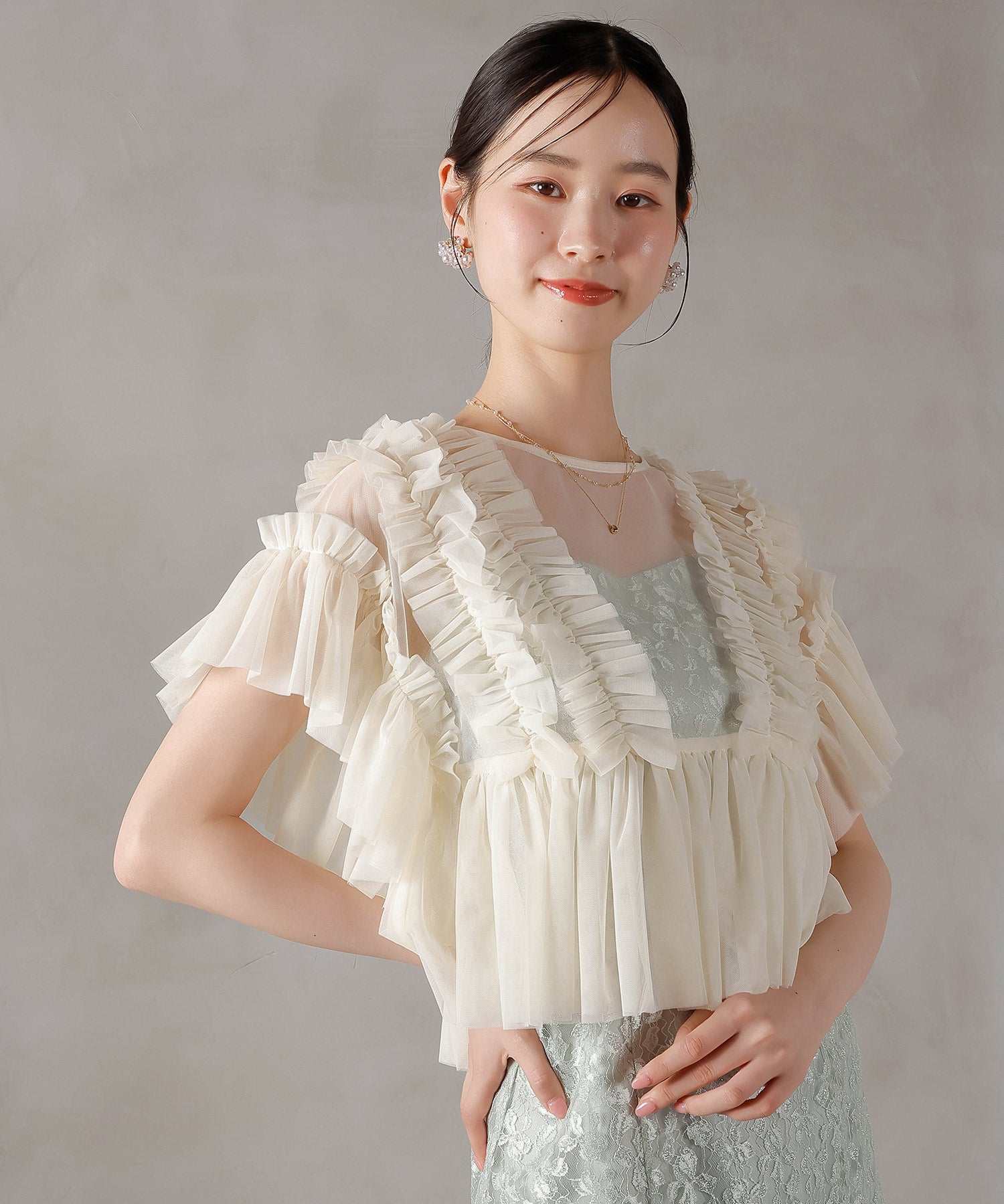 ラメ花柄刺繍レースチュール フリル ボレロ フレアワンピース ドレス