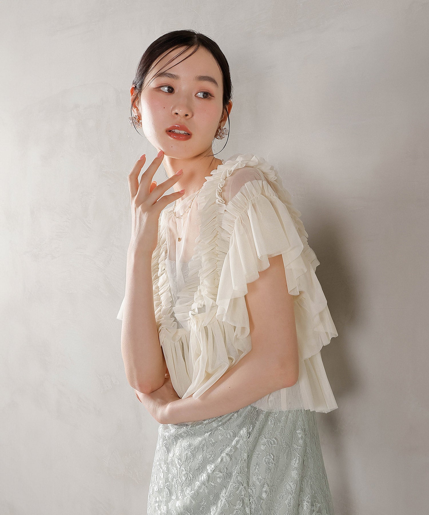 ラメ花柄刺繍レースチュール フリル ボレロ フレアワンピース ドレス