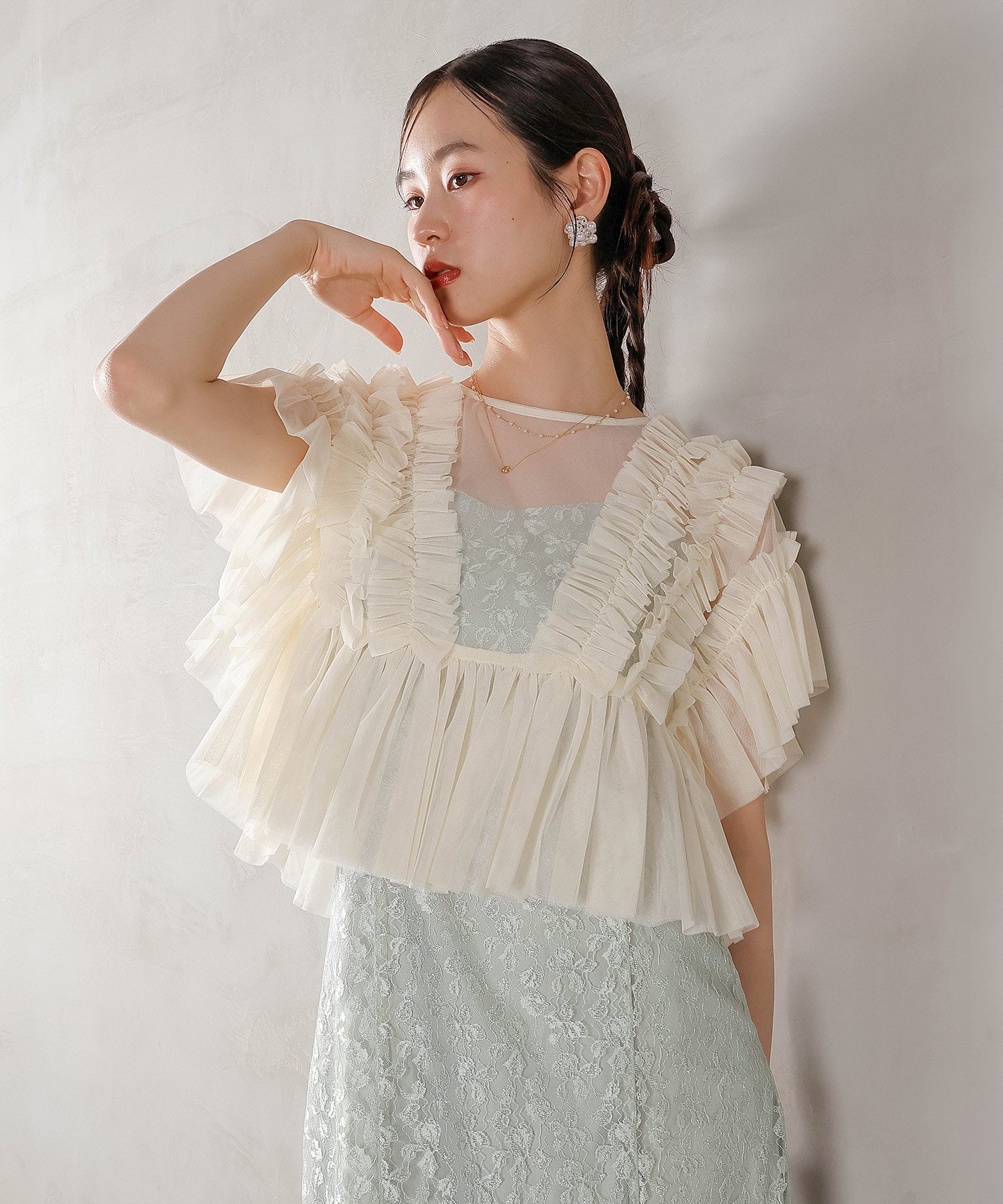 ラメ花柄刺繍レースチュール フリル ボレロ フレアワンピース ドレス