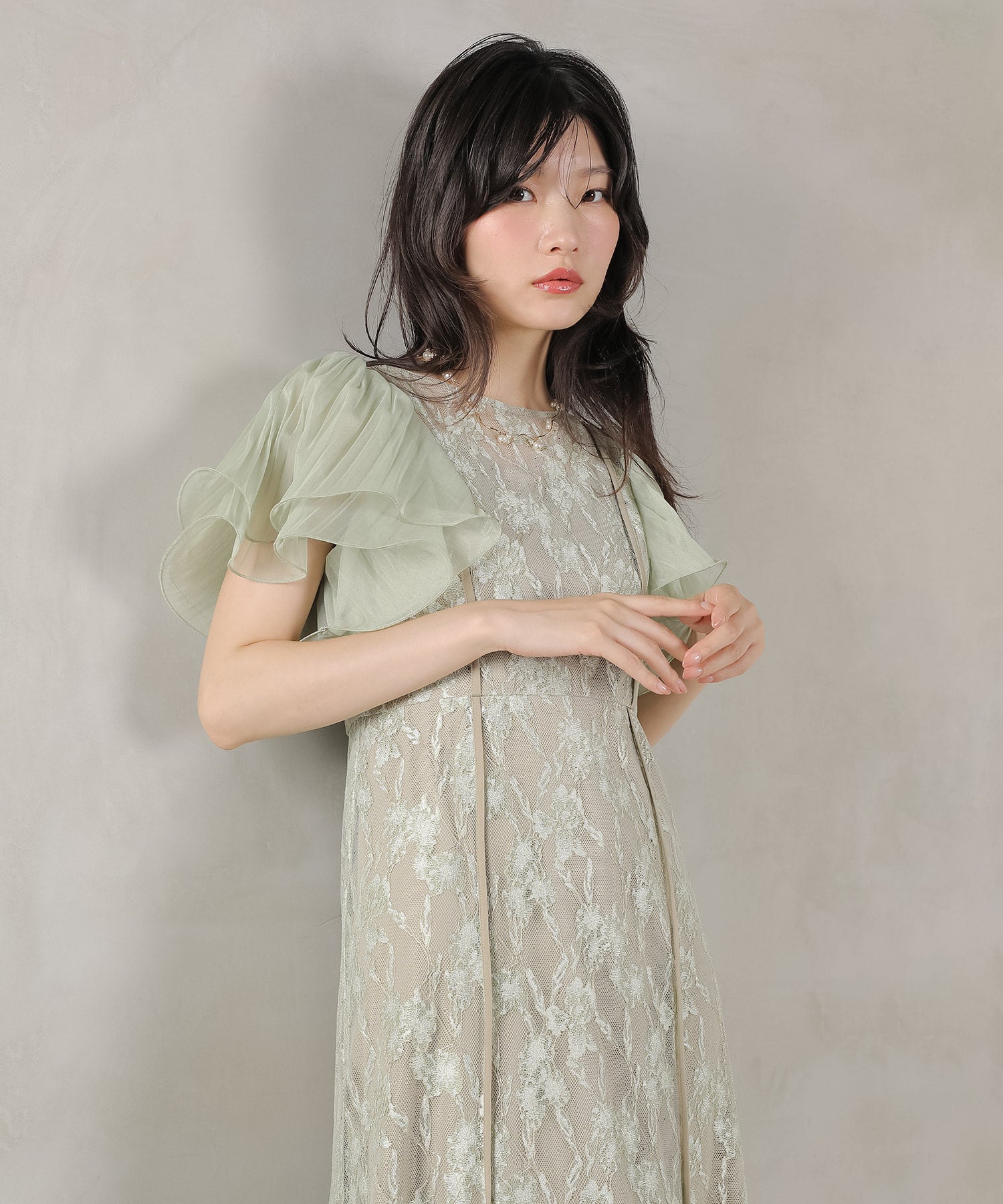 エアリースリーブ 刺繍 レース Aライン ワンピース ドレス