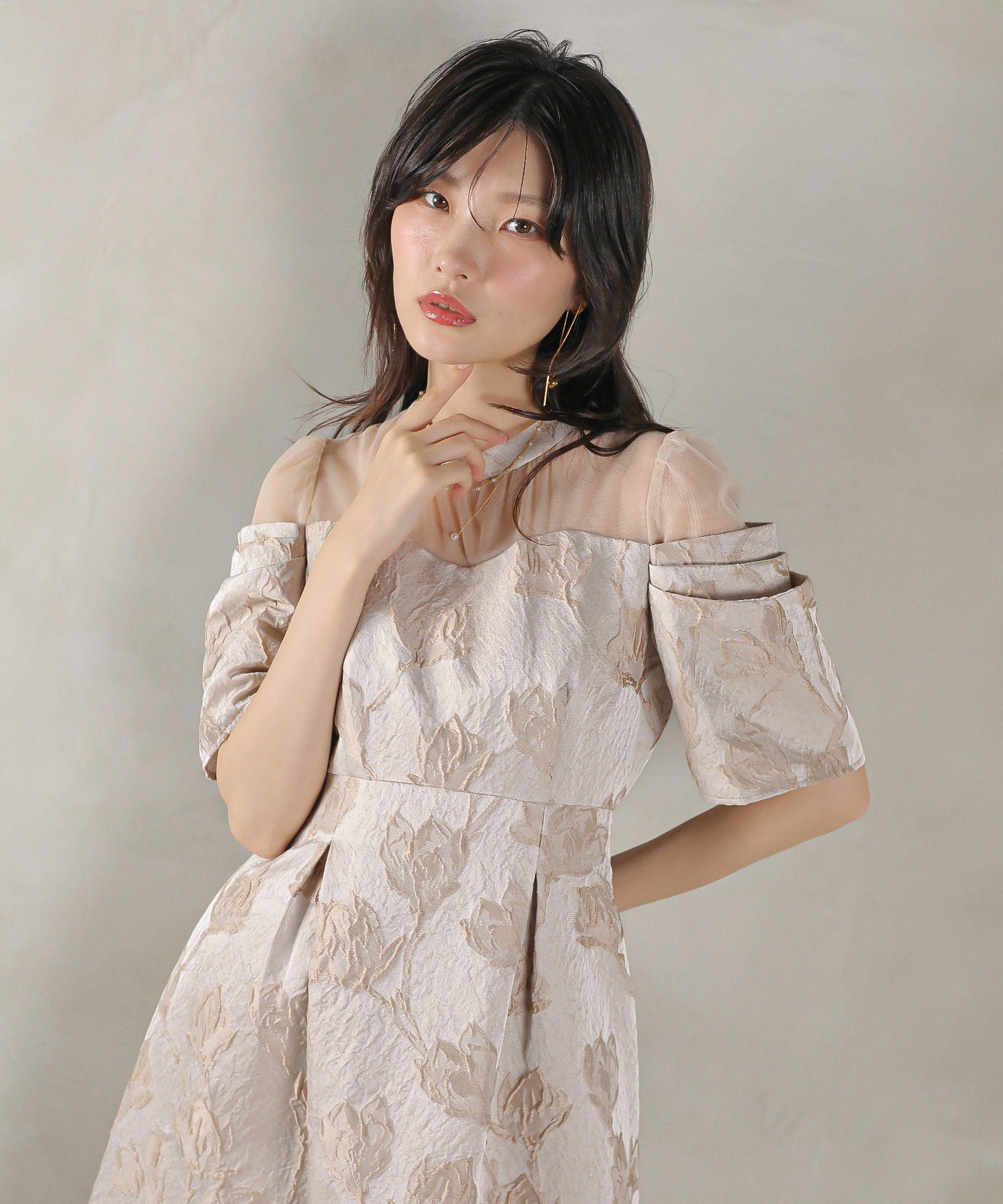 ジャガード 花柄 チュール オフショル風 Aライン ワンピース ドレス