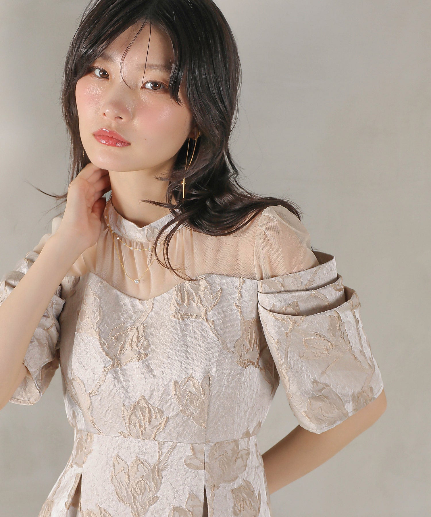 ジャガード 花柄 チュール オフショル風 Aライン ワンピース ドレス