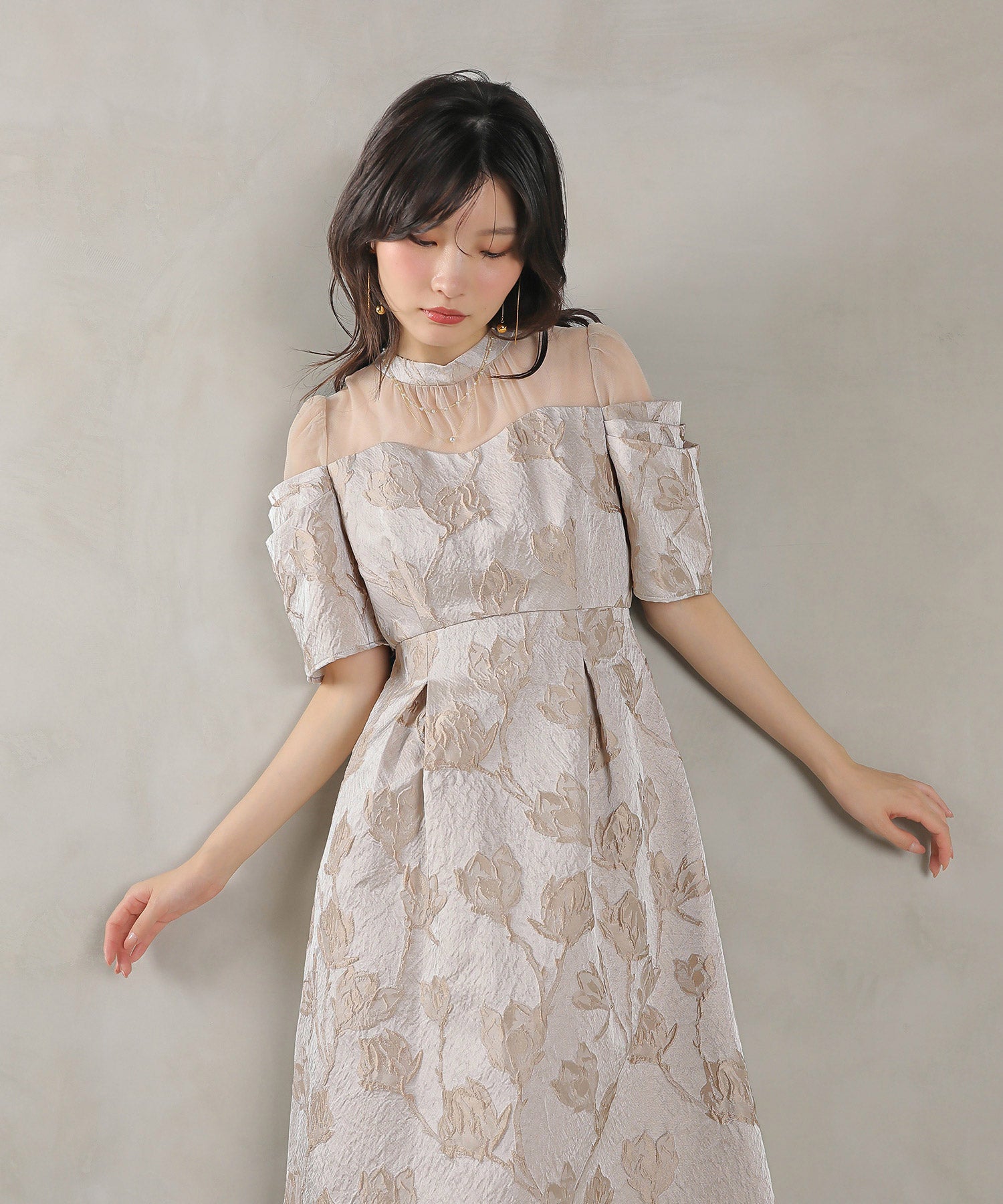 ジャガード 花柄 チュール オフショル風 Aライン ワンピース ドレス