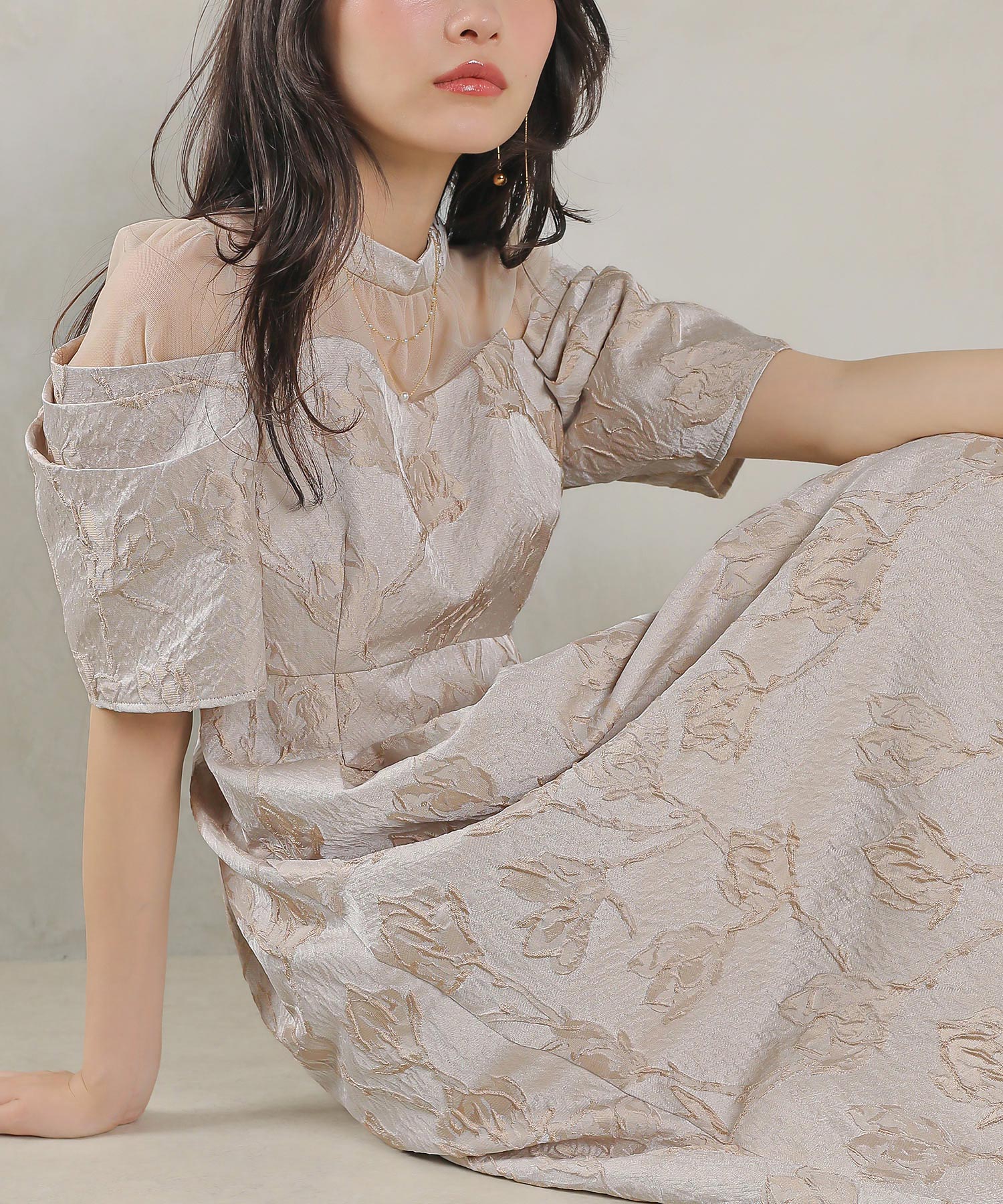 ジャガード 花柄 チュール オフショル風 Aライン ワンピース ドレス