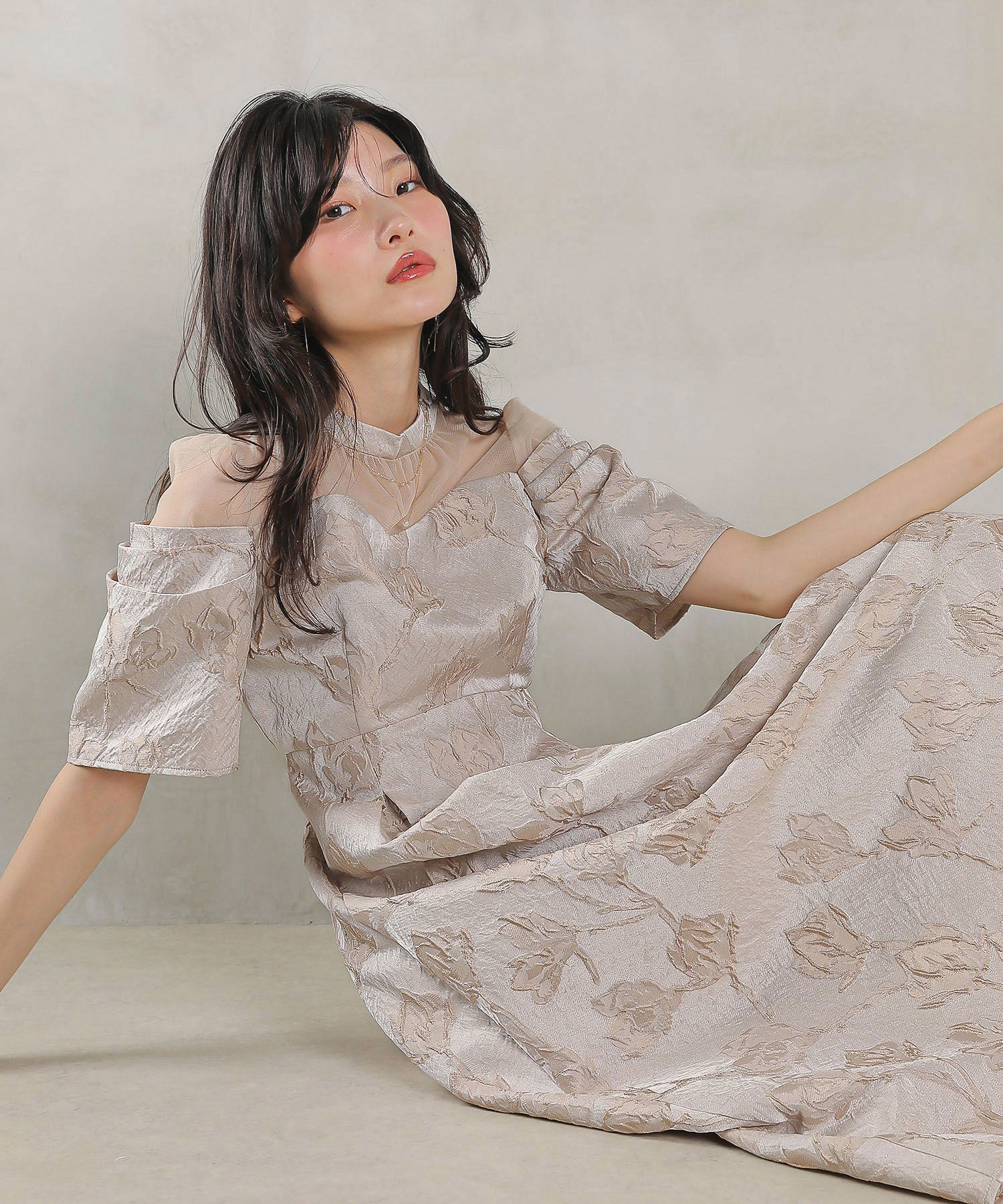 ジャガード 花柄 チュール オフショル風 Aライン ワンピース ドレス