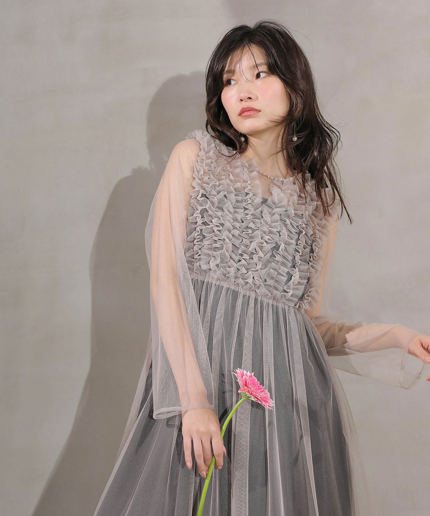 チュール ロング フリル Aライン ワンピース ドレス 2点セット