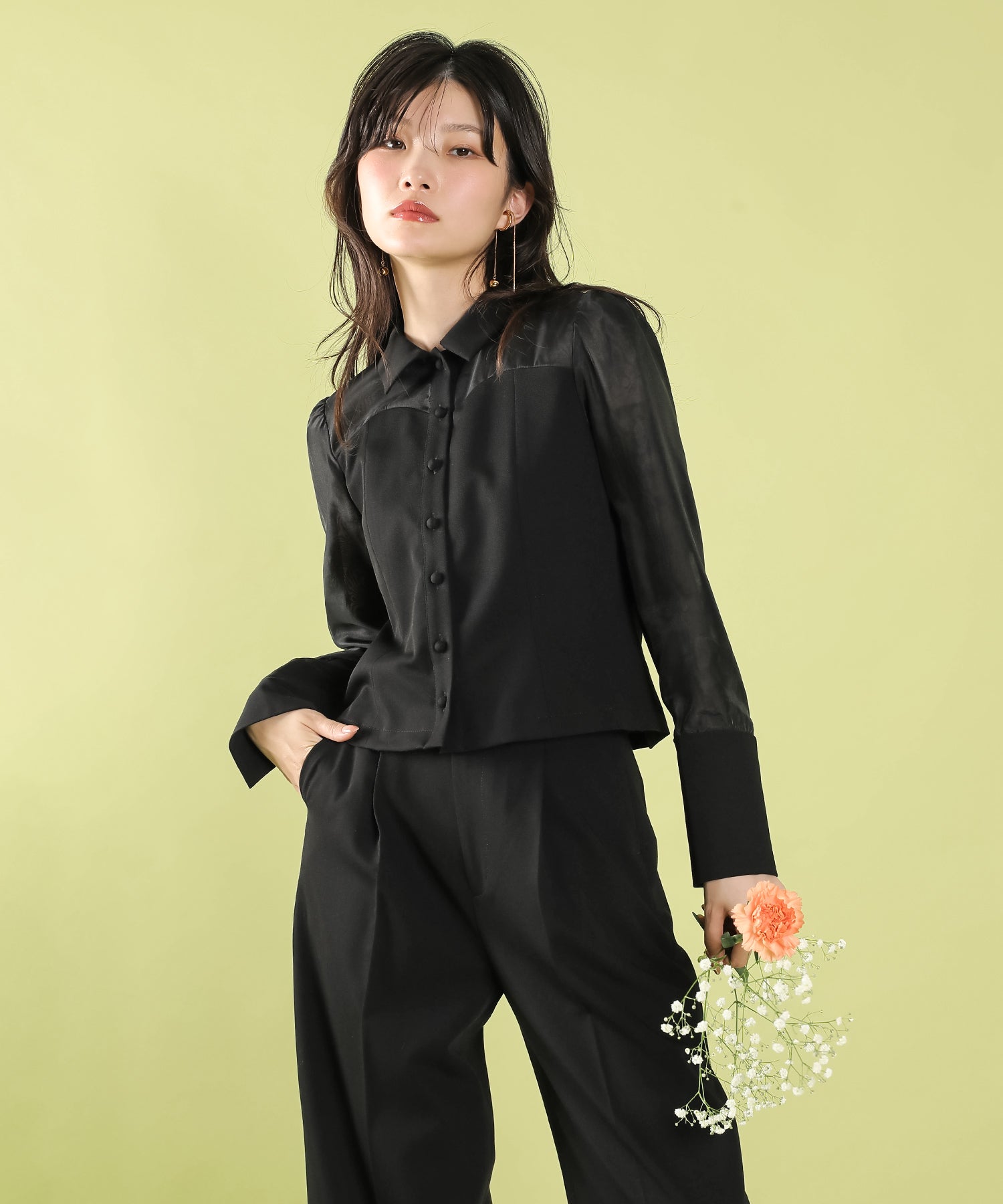 襟付きシャツトップス テーパードパンツドレス セットアップ