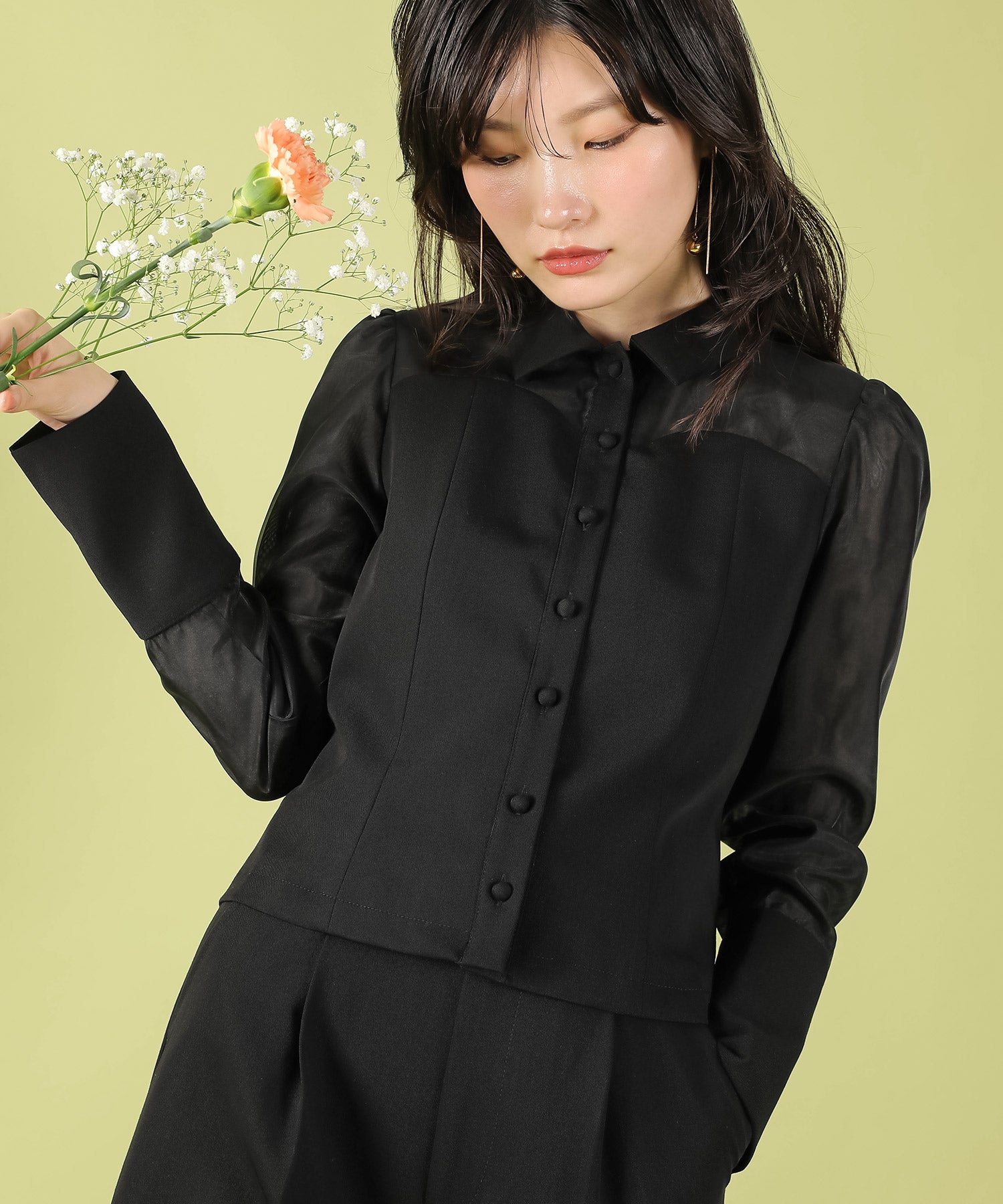 襟付きシャツトップス テーパードパンツドレス セットアップ