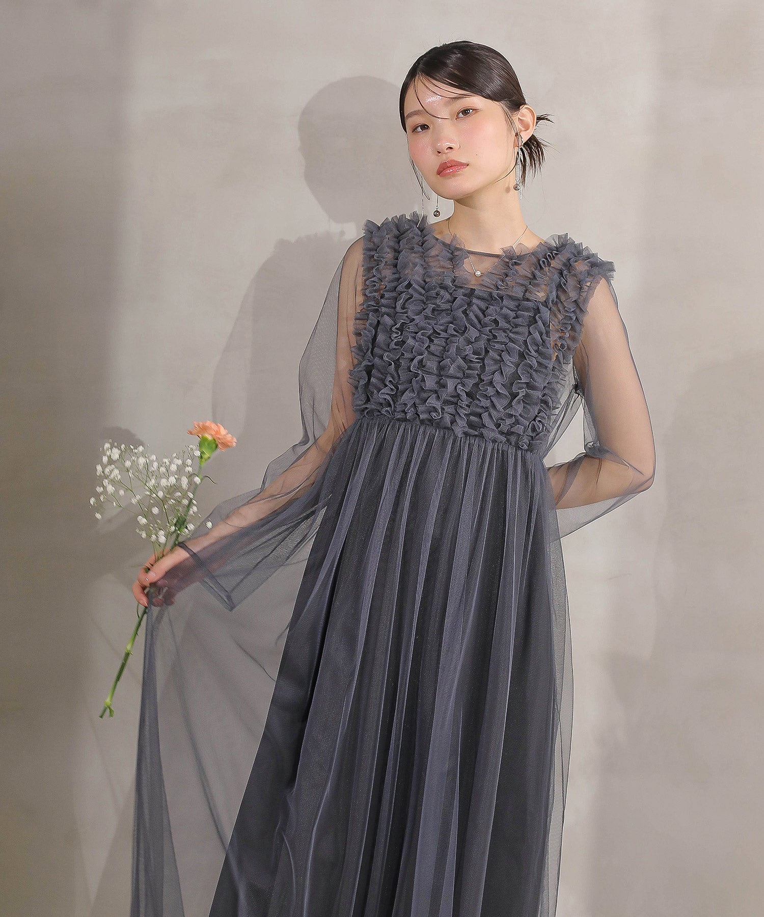 チュール ロング フリル Aライン ワンピース ドレス 2点セット