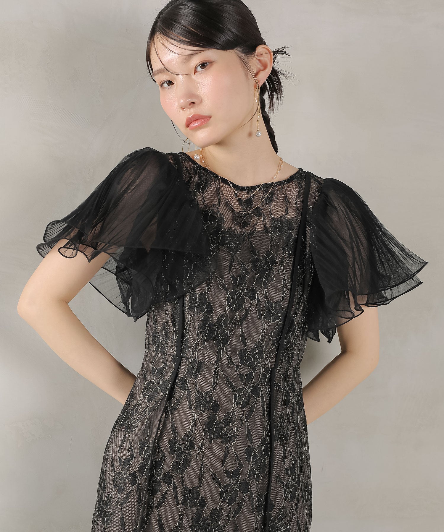 エアリースリーブ 刺繍 レース Aライン ワンピース ドレス