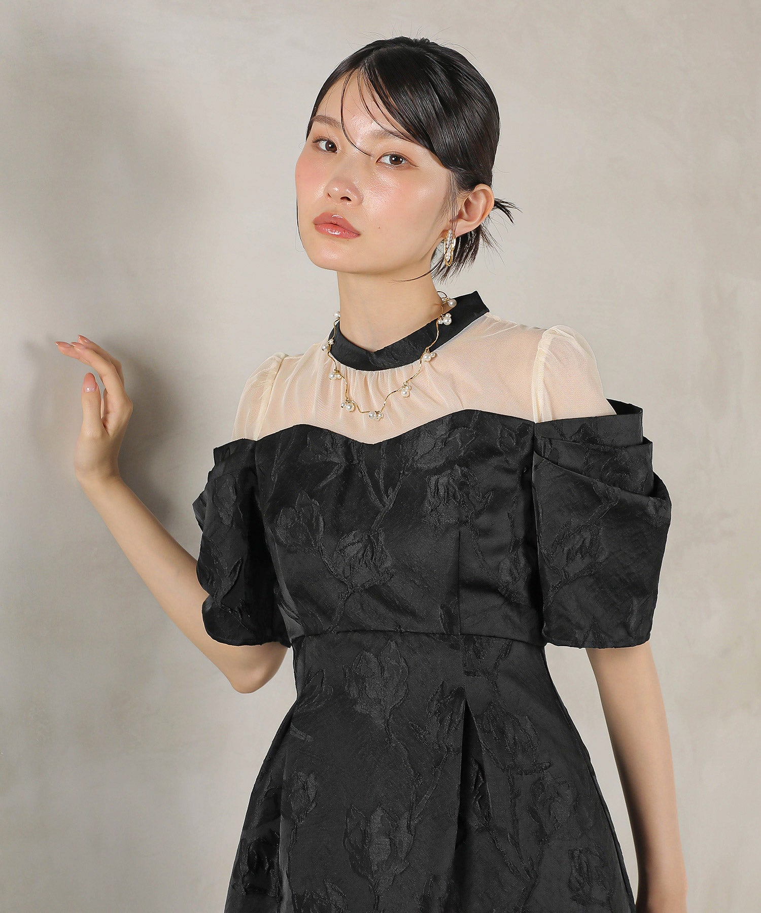 ジャガード 花柄 チュール オフショル風 Aライン ワンピース ドレス