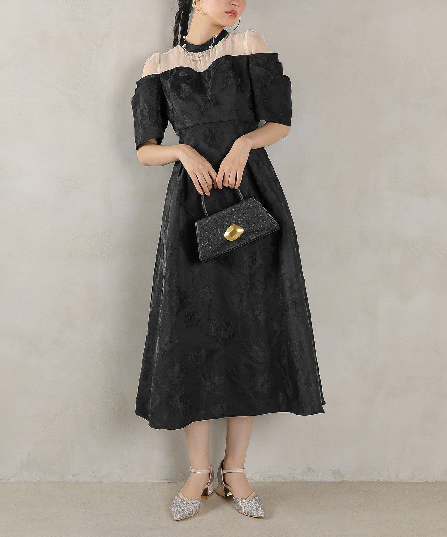 ジャガード 花柄 チュール オフショル風 Aライン ワンピース ドレス