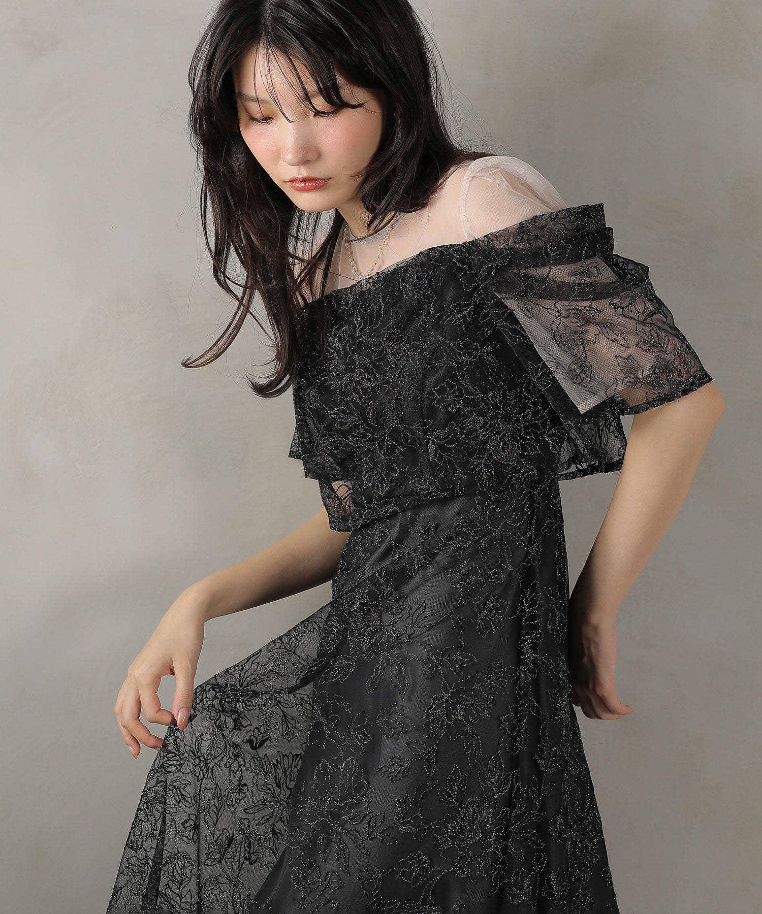 ラメ刺繍 花柄 フレア Aライン ワンピース ドレス