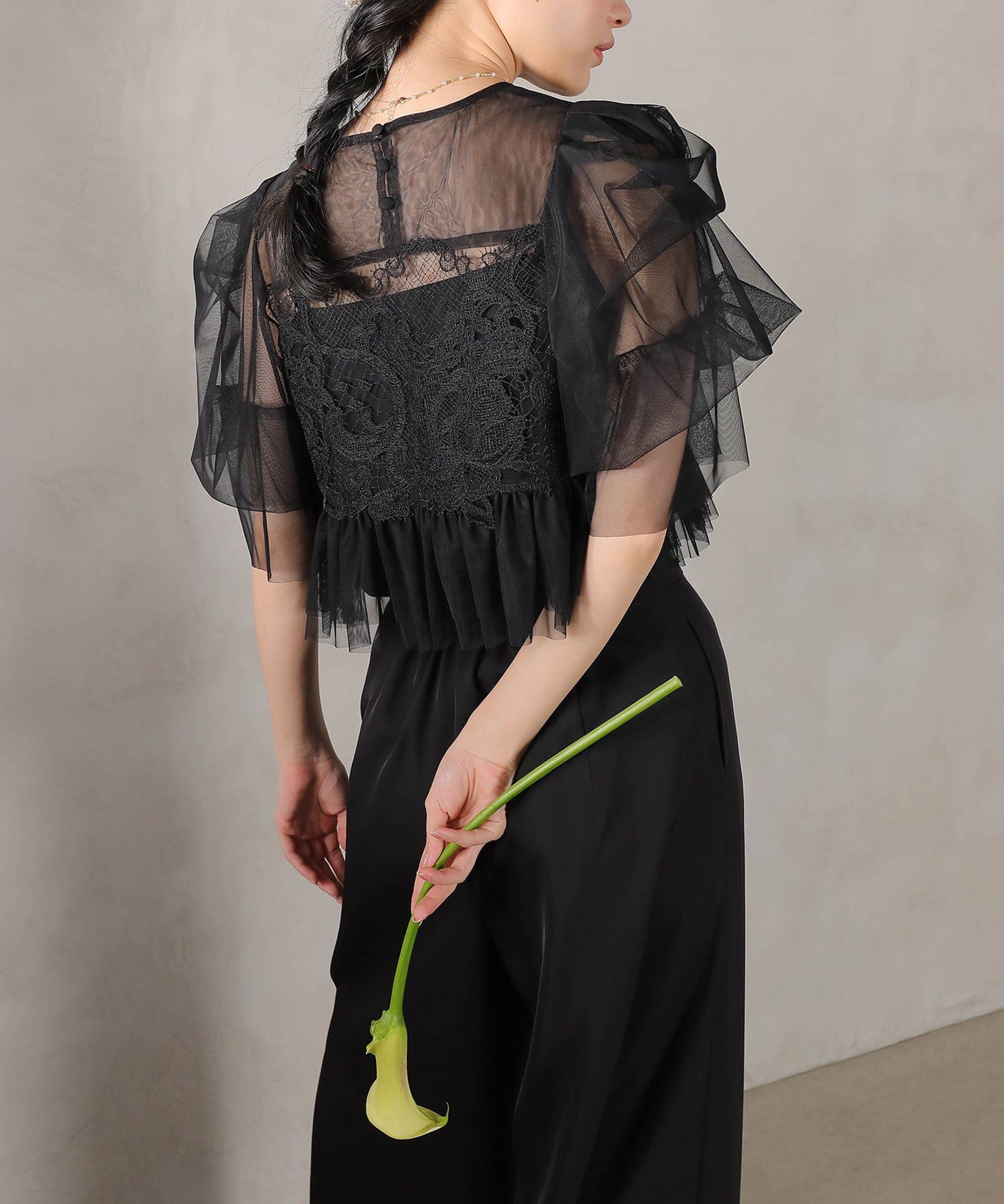 レースチュール ボリューム袖 パンツドレス 3点セット