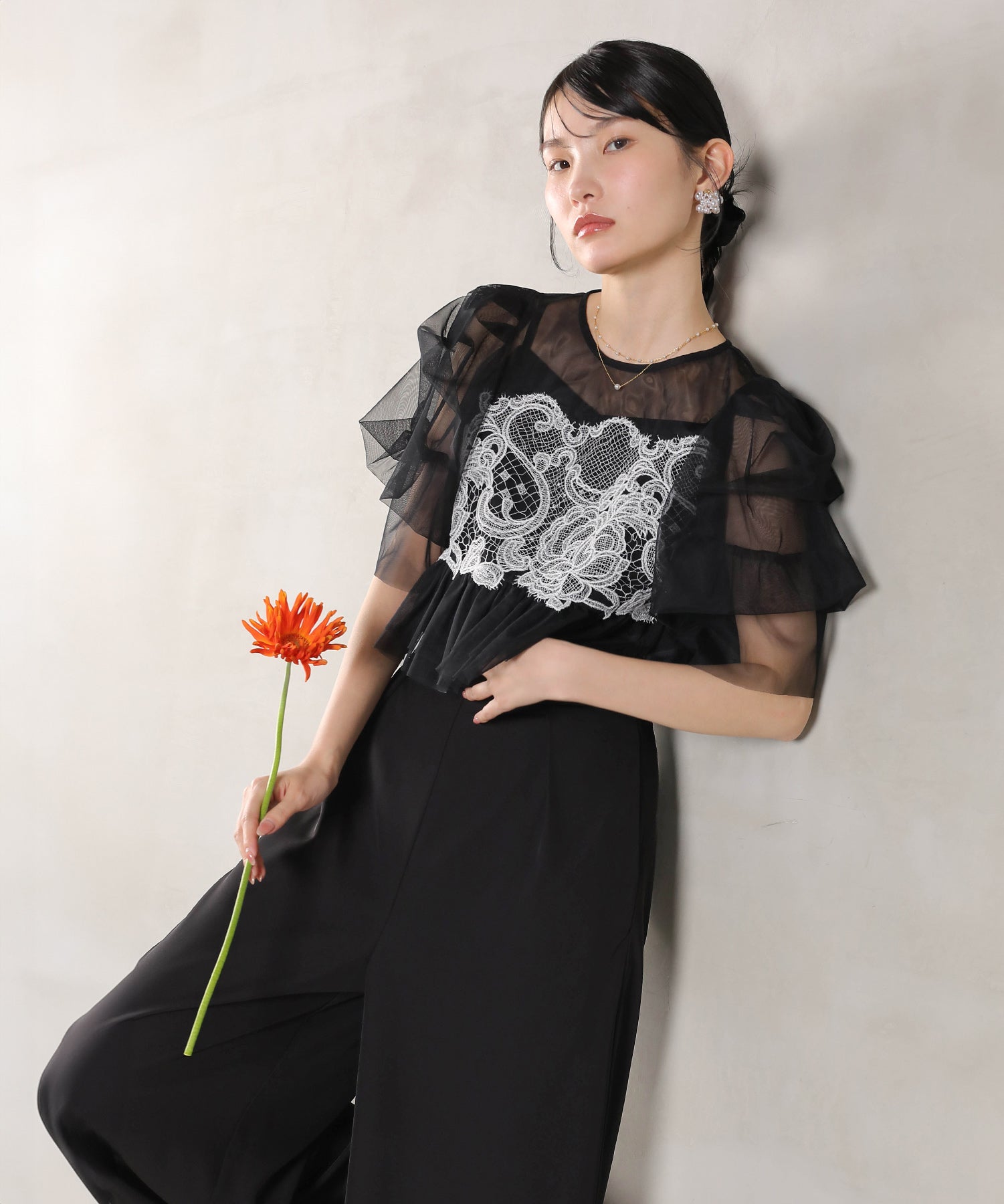 レースチュール ボリューム袖 パンツドレス 3点セット