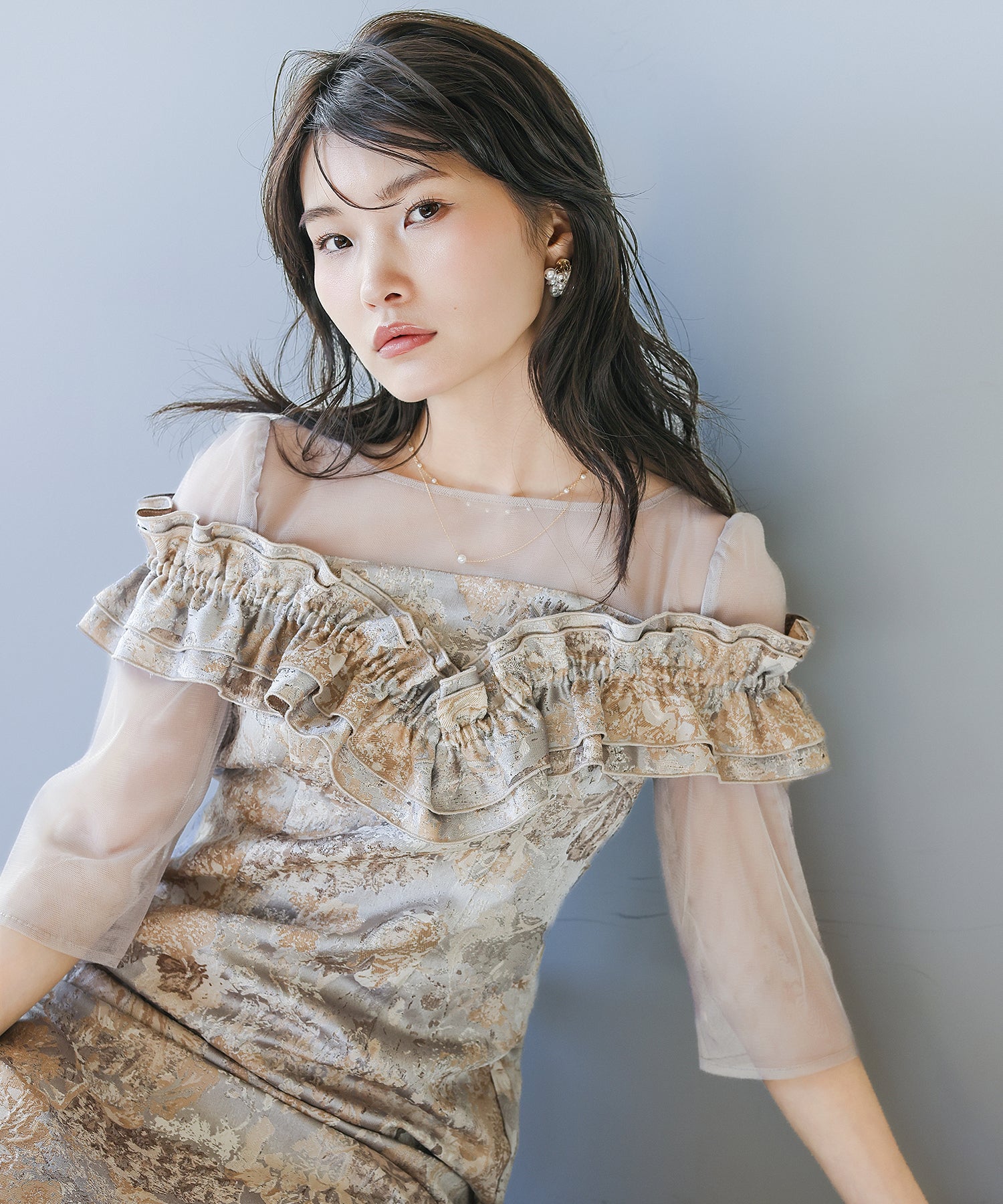 ハートネックフリルジャガードワンピースドレス