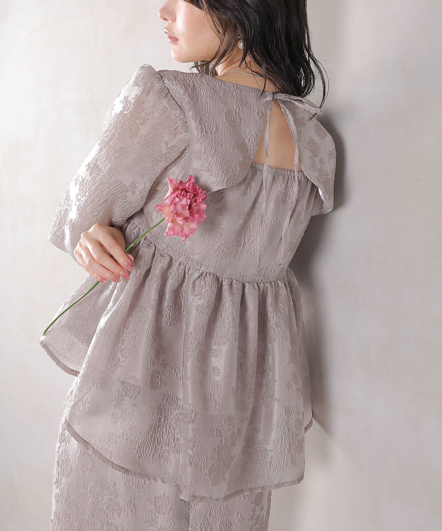 ジャガード バルーン スリーブ ブラウス Iラインスカート2点セット