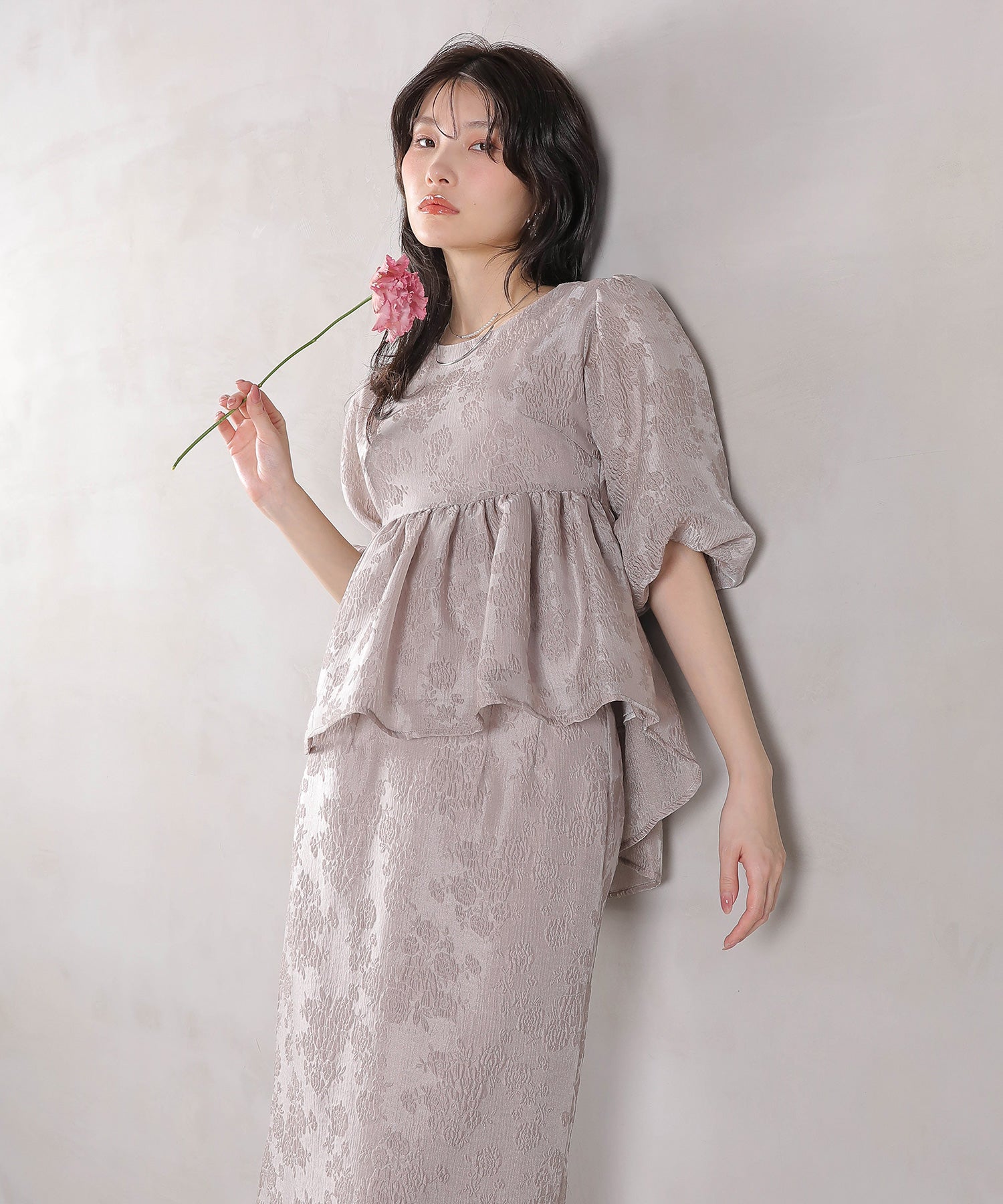 ジャガード バルーン スリーブ ブラウス Iラインスカート2点セット